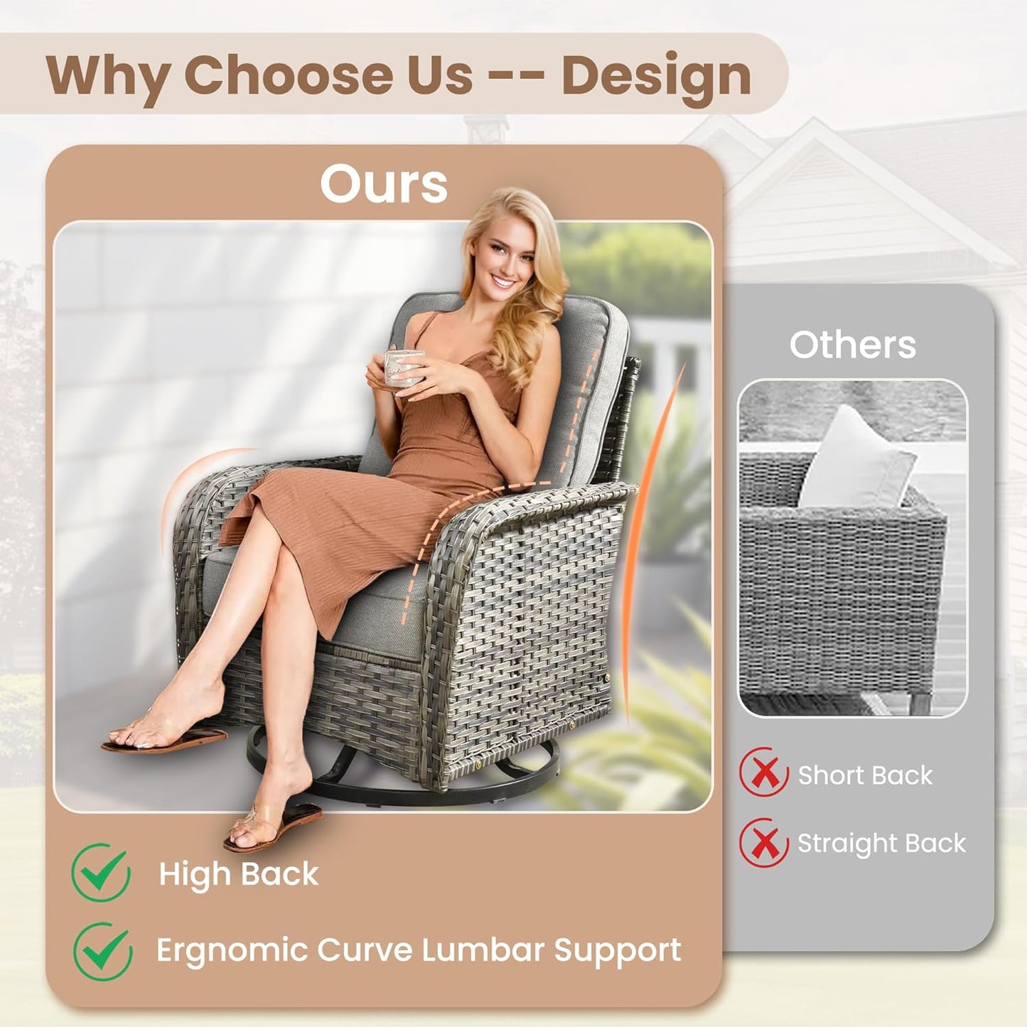 HOOOWOOO Patio Furniture Set,3 Pieces Outdoor Conversation Set,All Weather Wicker High Back Swivel Chairs Bistro Set with Side Table,Dark Gray