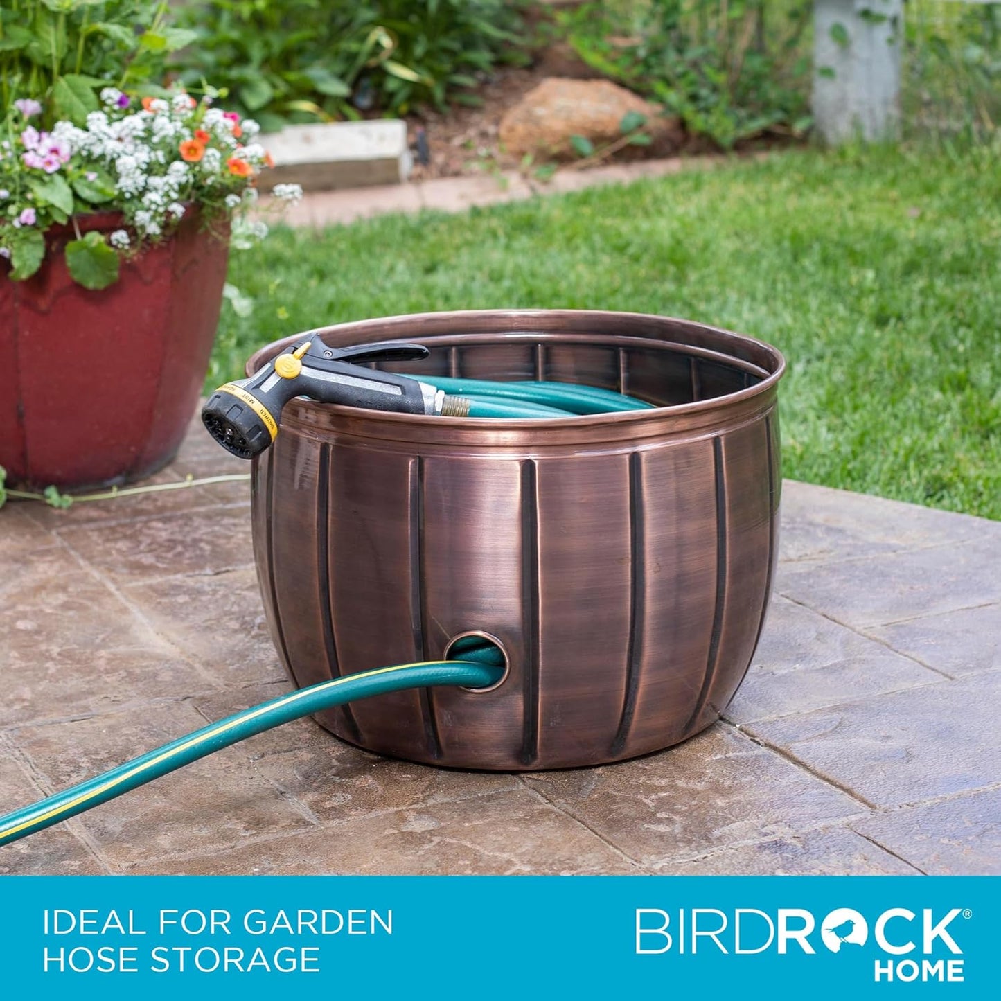 BIRDROCK HOME Water Hose Holder - Decorative Metal Pot, Indoor or Outdoor, Garden Storage Organizer, Patio Portable Bucket - Antique Copper, Holds up to 100ft Hoses, Medium No Lid