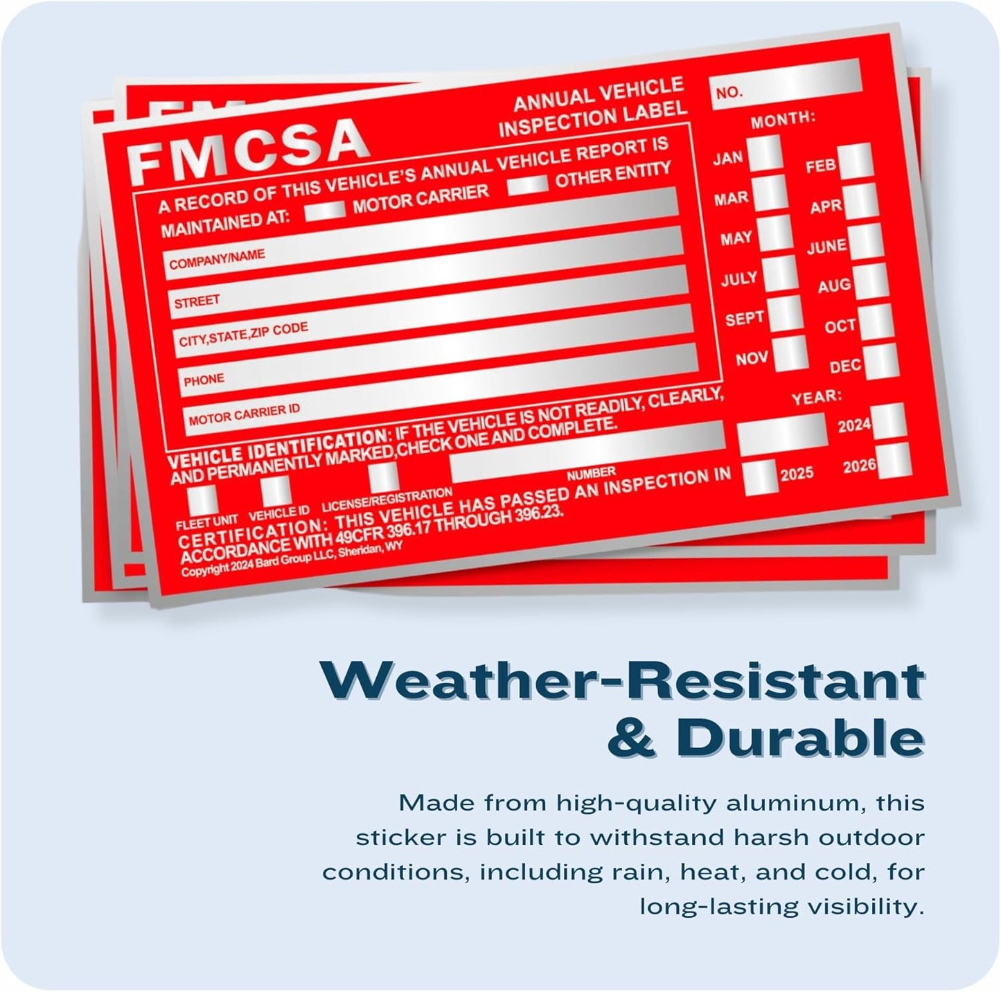 20-Pack DOT Compliant Aluminum Annual Vehicle Inspection Label – Red FMCSA Label with Punch Boxes