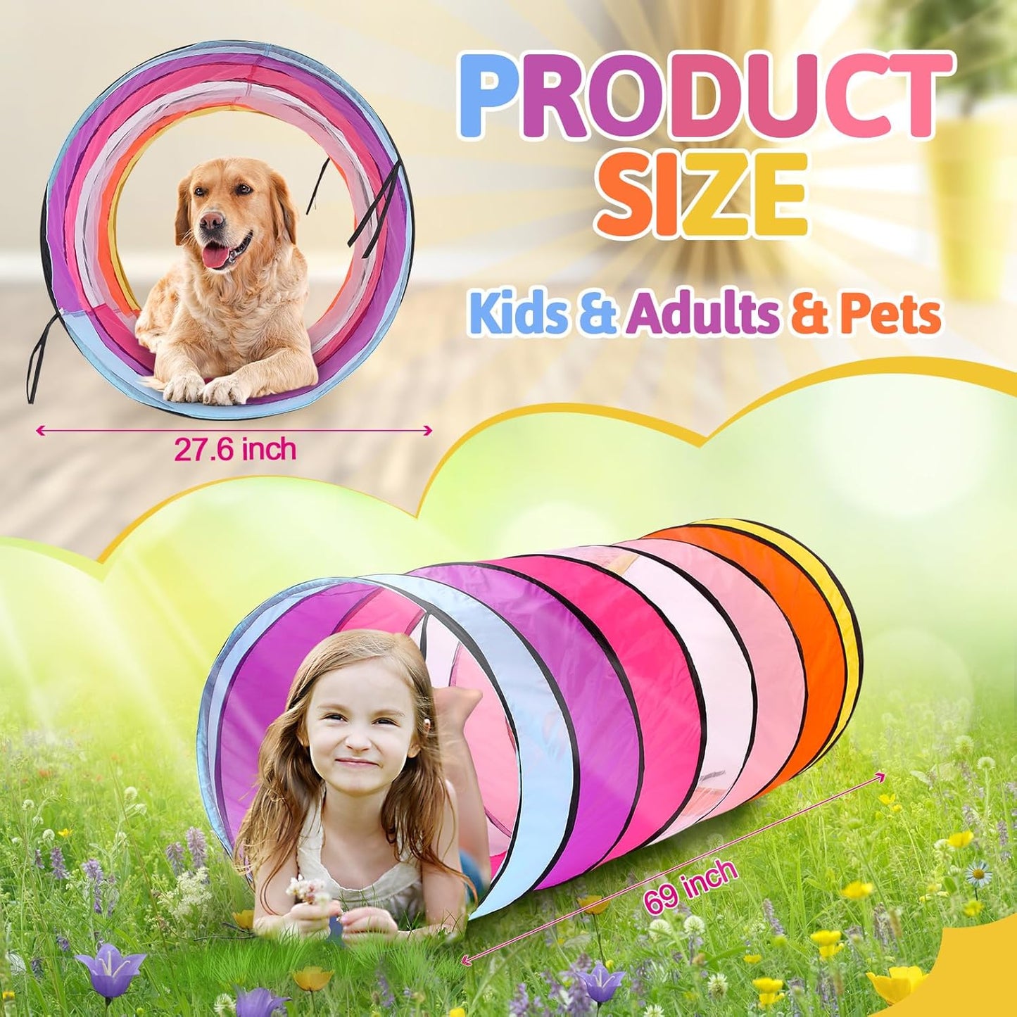 27.6 Inch Large Play Tunnel for Kids Pop Up Play Tunnel Tent Colorful Crawl Tunnel for Toddlers Babies Children or Dogs, Collapsible Gift for Boy Girl Tunnel Toys Indoor Outdoor (2 Pcs)