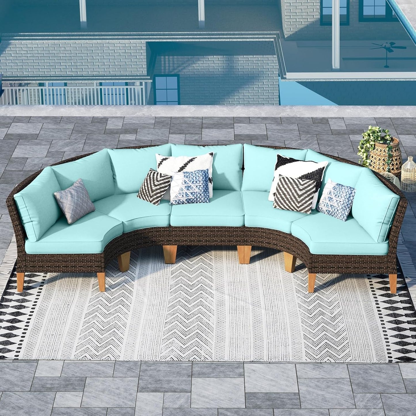 Sophia & William Patio Furniture Set, 5 Piece Half Moon Outdoor Wicker Sectional Sofa Set, Rattan Conversation Set for Backyard, Deck, Pool(Aqua Blue)