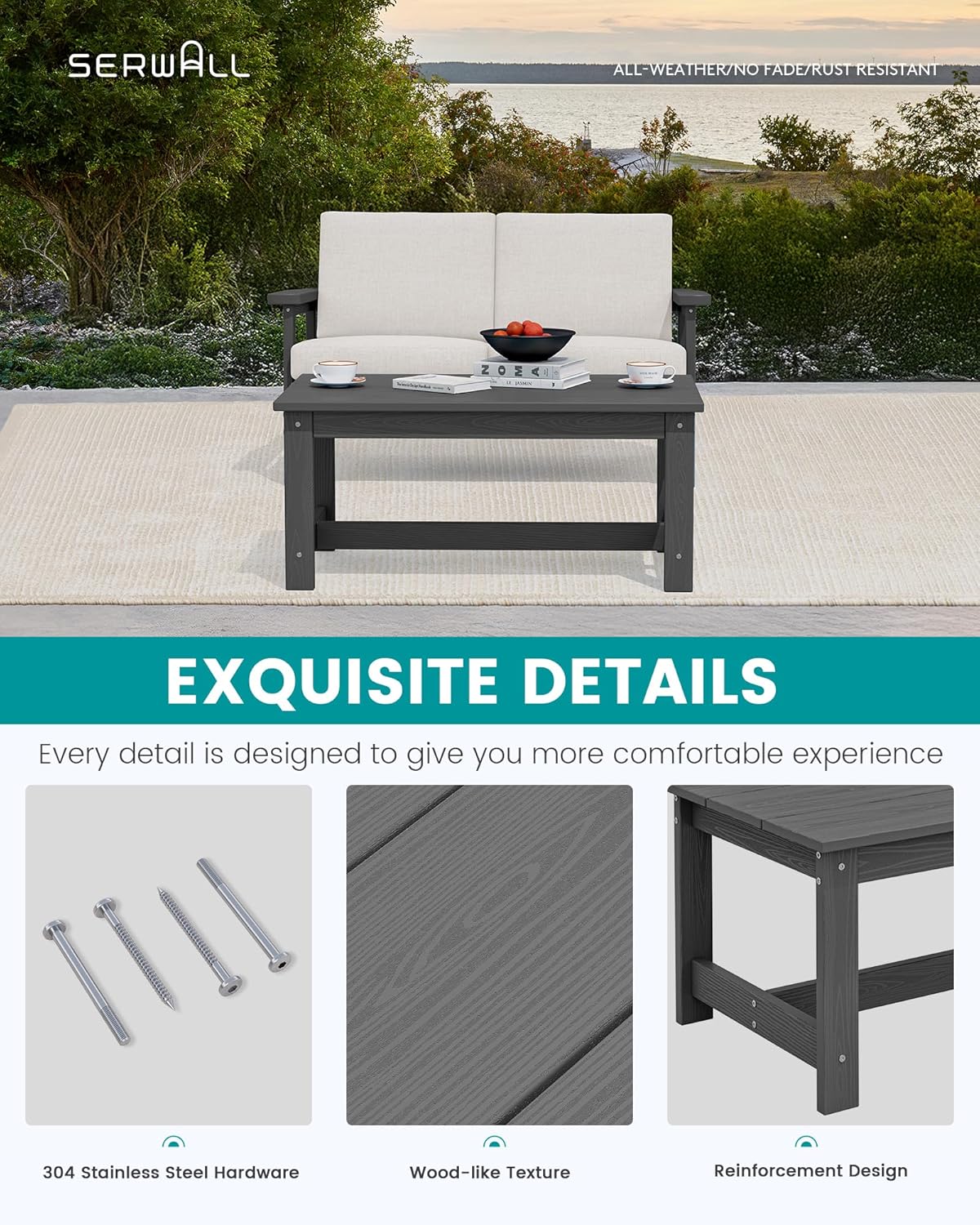 SERWALL HDPE Outdoor Coffee Table, All-Weather Patio Coffee Table, Rectangle Adirondack Outdoor Table Fits with Outdoor Sectional Couch for Outside Deck Porch Lawn, 37.8" x 22.8", Grey