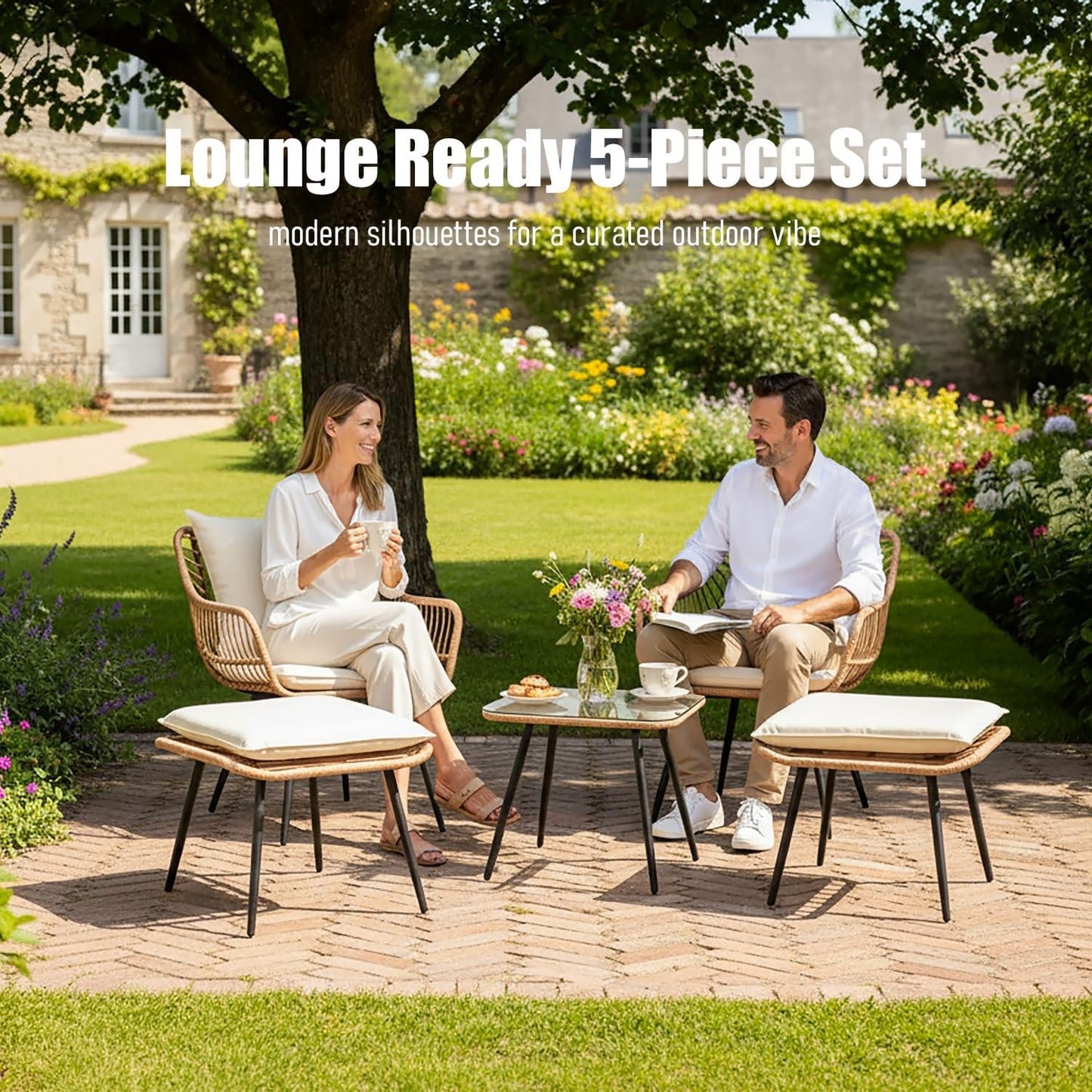 5 Pieces Patio Bistro Set, Outdoor Patio Table and Chairs with Footrest, Waterproof Small Patio Conversation Set, Outdoor Chair with Ottoman for Porch, Backyard, Deck, Balcony