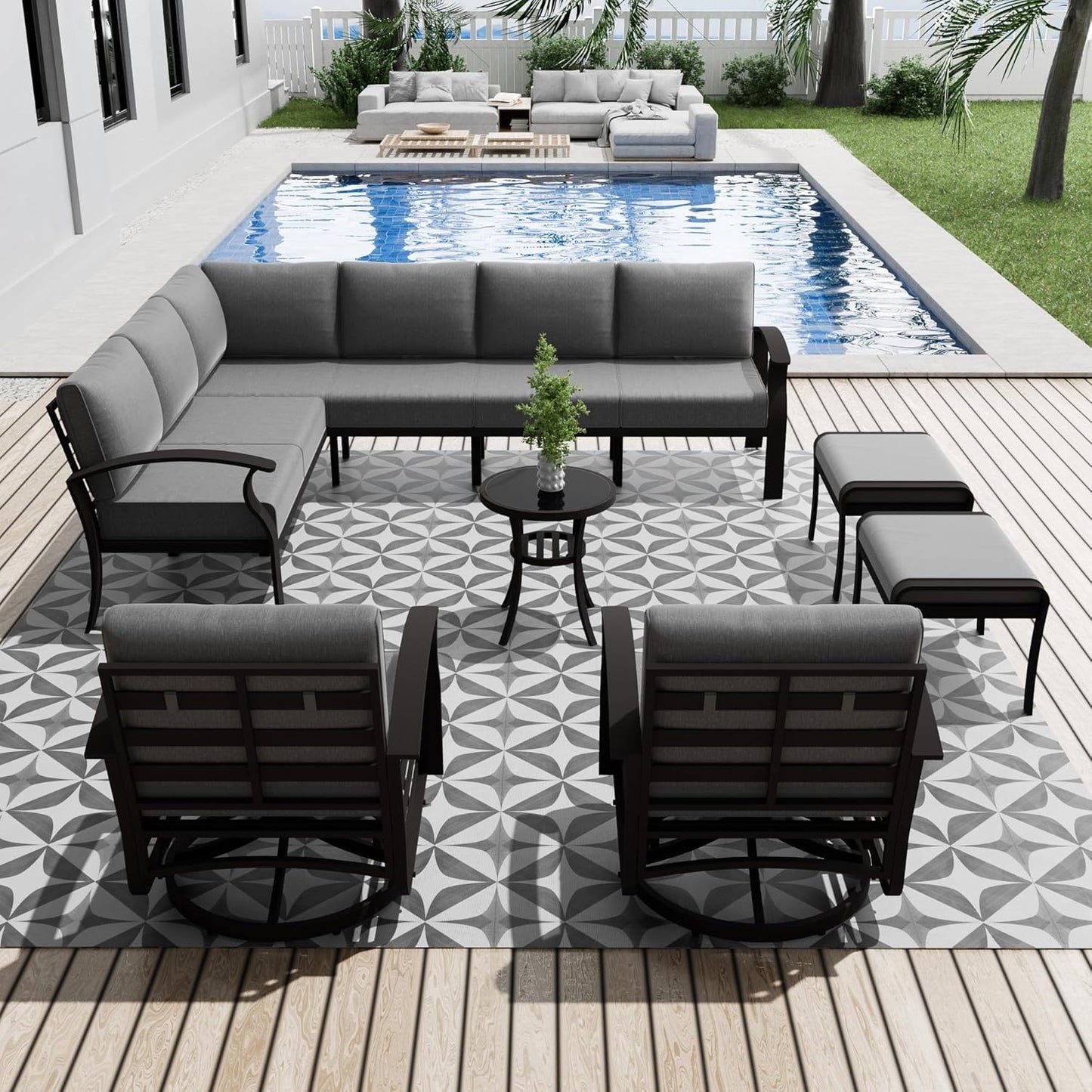 Aluminum Patio Furniture Set, 10 Seats Outdoor Patio Conversation Set with Swivel Chair Modern Metal Patio Sectional Sofa with Coffee Table for Patio, Backyard(Grey).