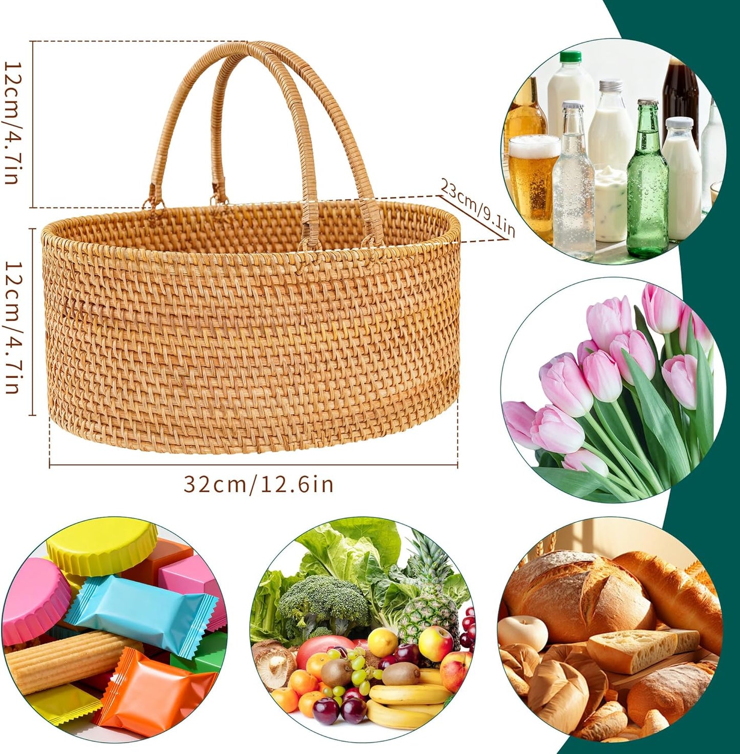 12.6"×9"×5" Rattan Picnic Basket with Handles, Large Oval Gift Basket, Hand-Woven Basket for Fruit, Empty Gift Basket for Festival, Wedding, Camping
