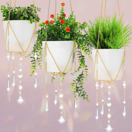 Chunful 3 Pack Sun Catcher Plant Hanger with Beads and Glass Crystal Beaded Plant Hanger Sun Catchers Kit Hanging Basket Accessories for Indoor Home Rainbow Decor, Pots Not Included(Gold)