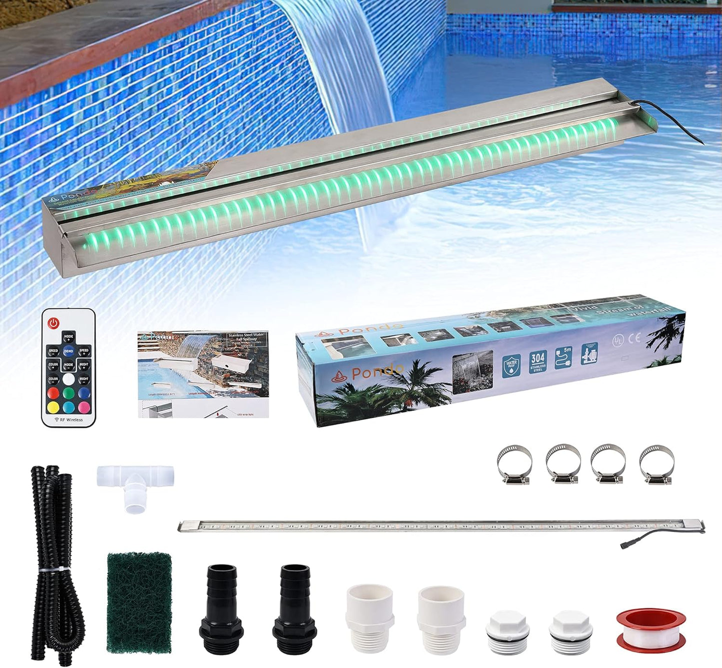 YUDA 36" Stainless Steel Waterfall Pool Fountain with SMD LED 7 Color Changing and Remote, Lighted Waterfall Spillway for Sheer Descent Garden Outdoor