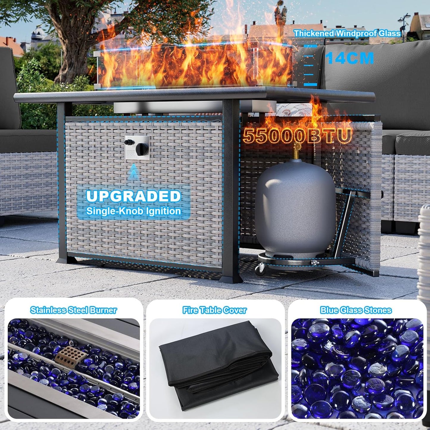 18-Piece Patio Furniture Set, Outdoor Patio Furniture with 55,000 BTU Fire Pit Table, Swivel Chairs Set, Thick Cushions, Modular Patio Sofa, Dual-Strand Wicker Rattan, Rust-Resistant Frame,Black