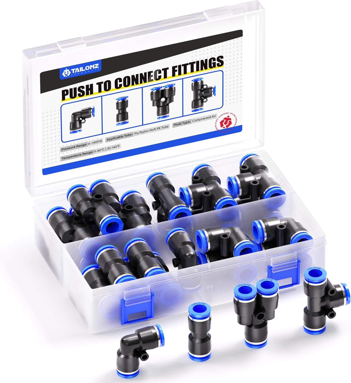 TAILONZ PNEUMATIC 14mm od Push to Connect Fittings Pneumatic Fittings Kit 5 Spliters+5 Elbows+5 tee+5 Straight (20 pcs)