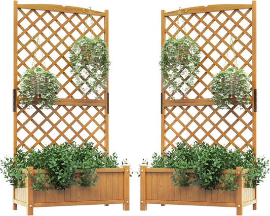 HAPPYGRILL Raised Garden Bed with Trellis, 71" Planter Raised Bed with Drainage Holes, Freestanding Garden Planter for Vine Climbing Plants, Wooden Planter Box for Yard Balcony(2, Yellow)