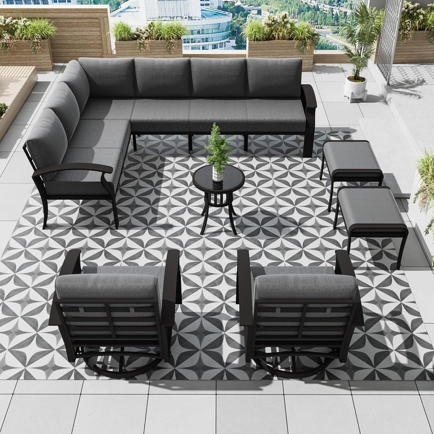 Aluminum Patio Furniture Set, 10 Seats Outdoor Patio Conversation Set with Swivel Chair Modern Metal Patio Sectional Sofa with Coffee Table for Patio, Backyard(Grey).