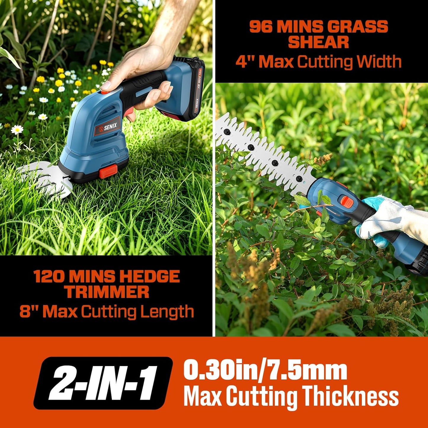 Senix X2 20 Volt Max* 2-in-1 Cordless Hedge Trimmer and Grass Shear with Interchangeable 4-Inch and 8-Inch Blades, Includes 2.0 Ah Battery and Charger (GSX2-M)