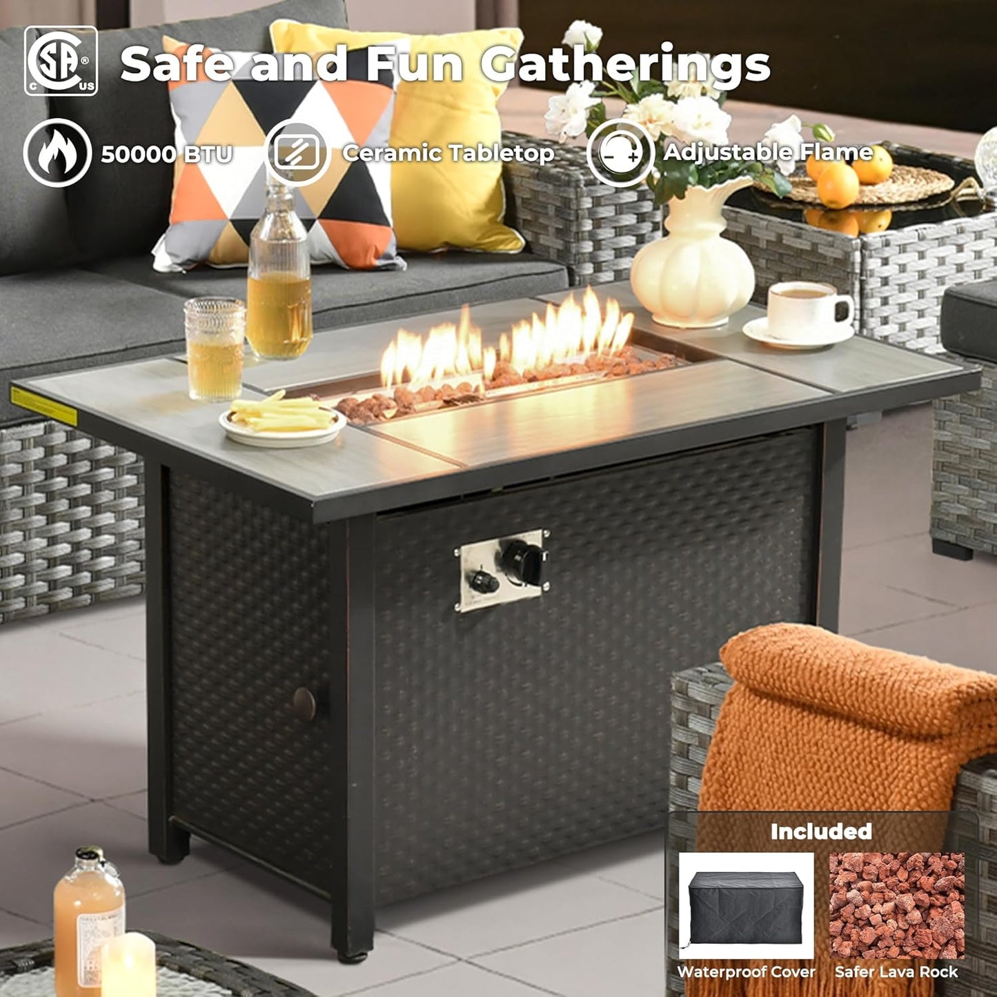 ovios 10 Pieces Patio Furniture Set, Outdoor Wicker Sectional Sofa with 42" Fire Pit Table Swivel Chairs, Modern Modular Deep Seat Rattan Couch Conversation Sets, Black