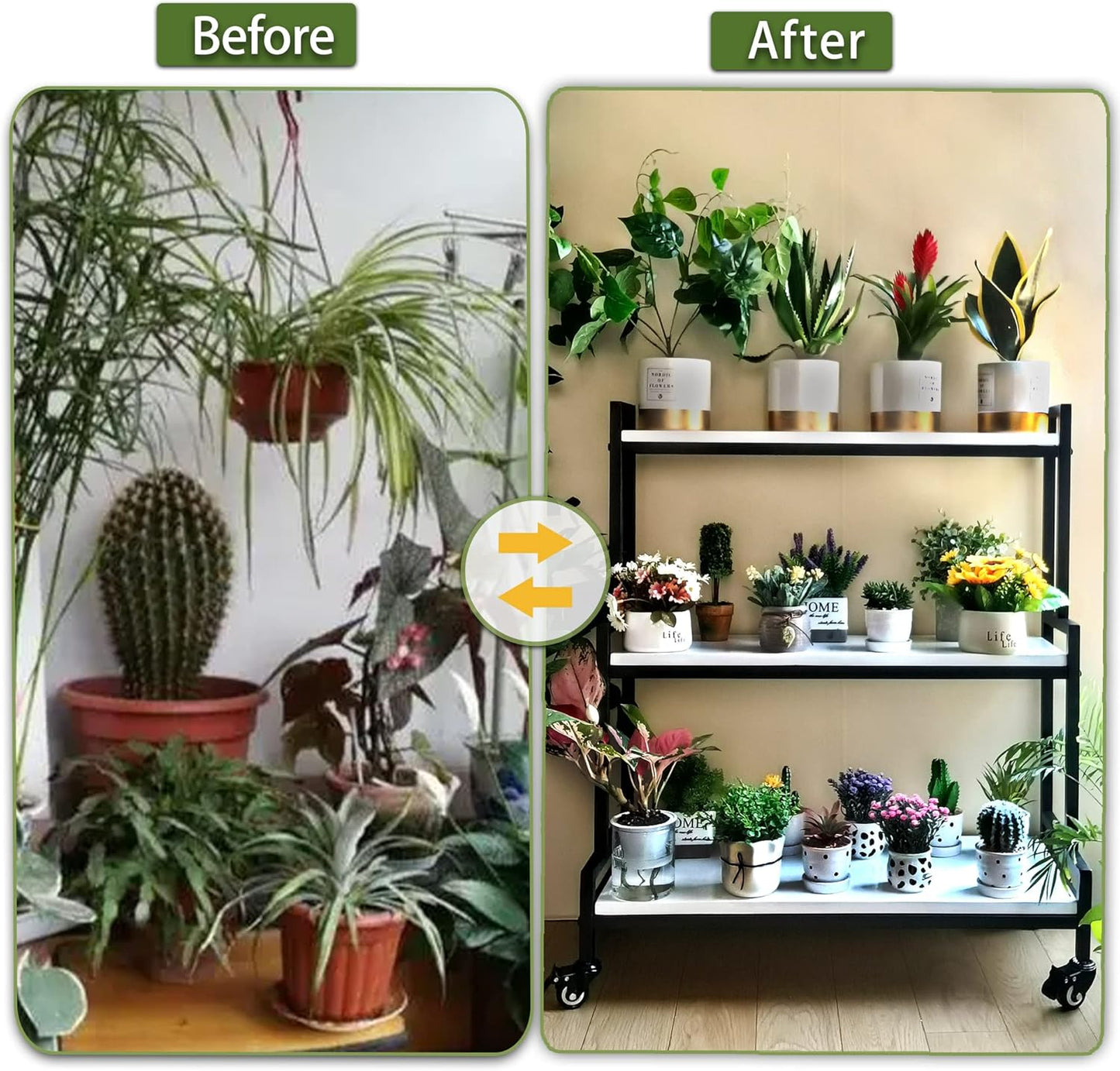 Rustic Plant Stand With Wheels, Rolling Shelves Rack Indoor Outdoor, Metal Stand With Solid Wood for Multiple Plants, Industrial Ladder Flower Shelf for Garden, Living Room, White