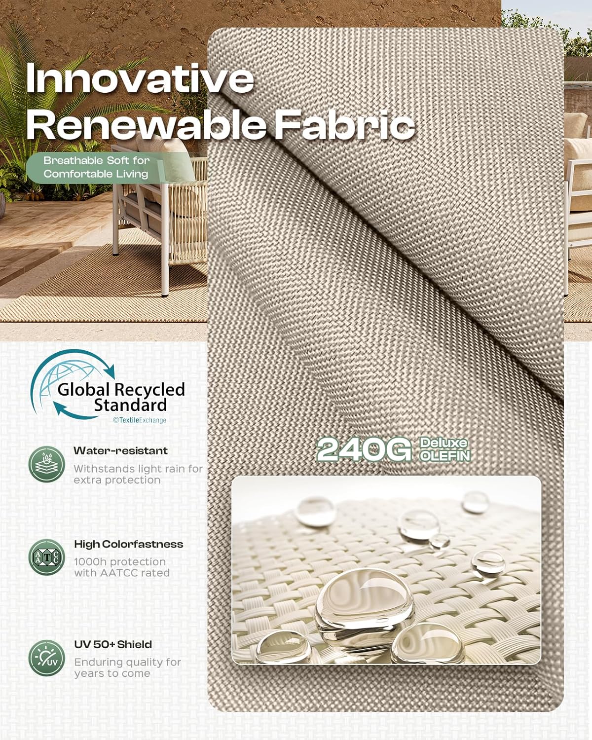 Aluminum Outdoor Patio Couch, 3 Seats HDPE Rope Patio Sofa with Washable Thick Cushion, All-Weather Patio Furniture for Balcony, Yard, Silver Frame, Beige