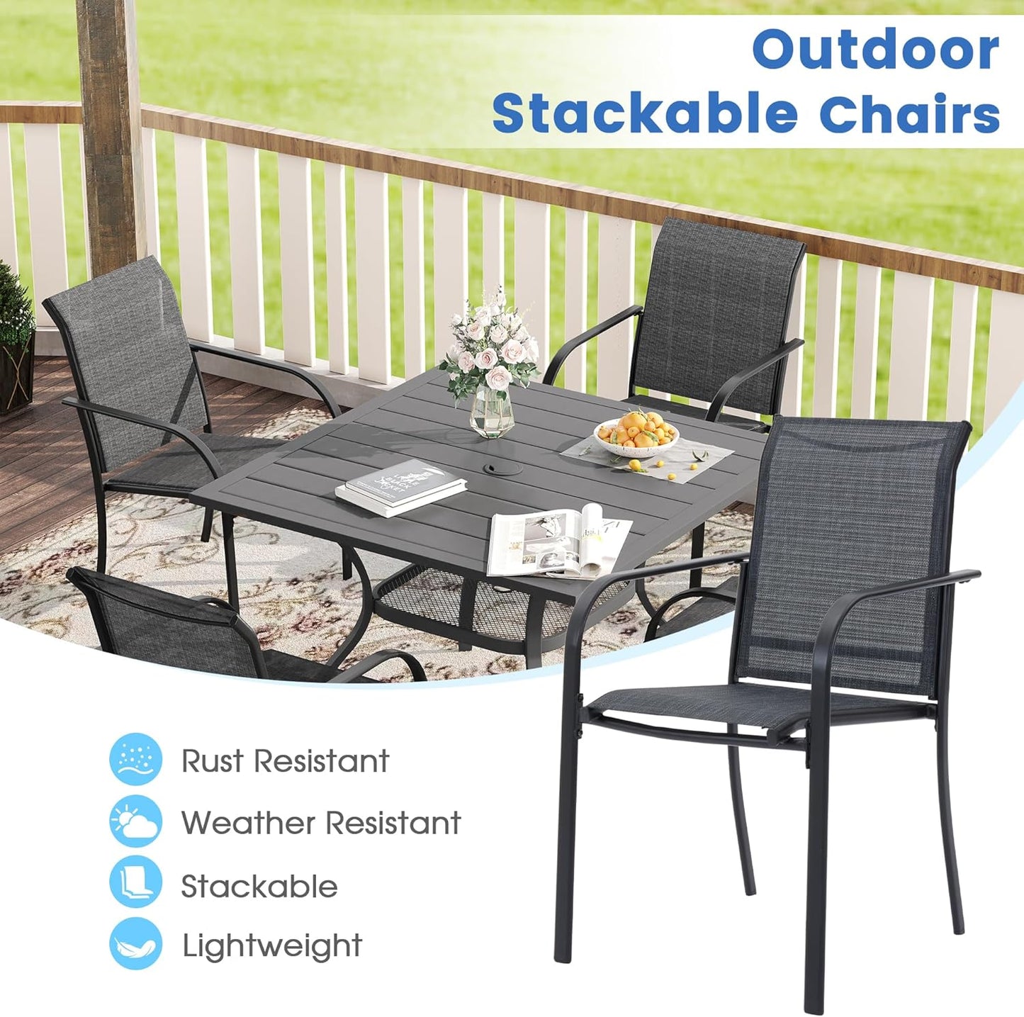 VICLLAX 5 Pieces Patio Dining Set, Outdoor Furniture Set Includes 41.2" Round Patio Table and 4 Patio Sling Chairs, Grey Wood-Like Tabletop and Dark Grey Fabric