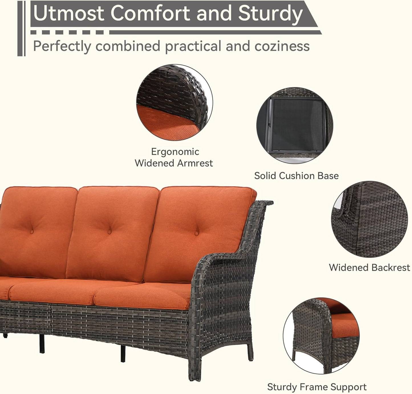 Wicker Patio Furniture Set 8-PCS with A 3-Seat Sofa, 2 Swivel Rocking Chairs, 2 Armchairs, 2 Ottomans and 1 Side Table Patio Conversation Set, Orange