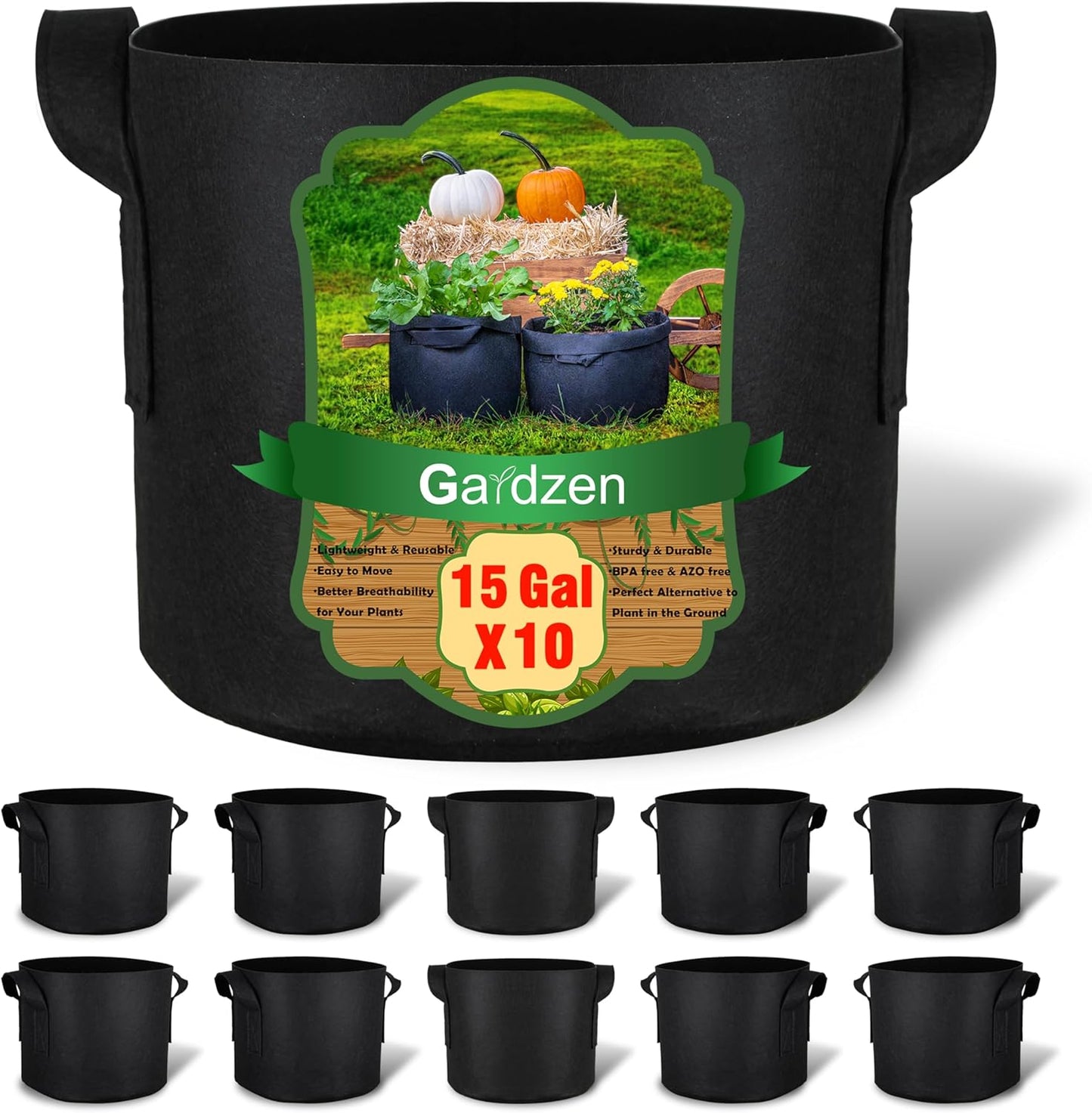 Gardzen 10-Pack 15 Gallon Grow Bags, Aeration Fabric Pots with Handles