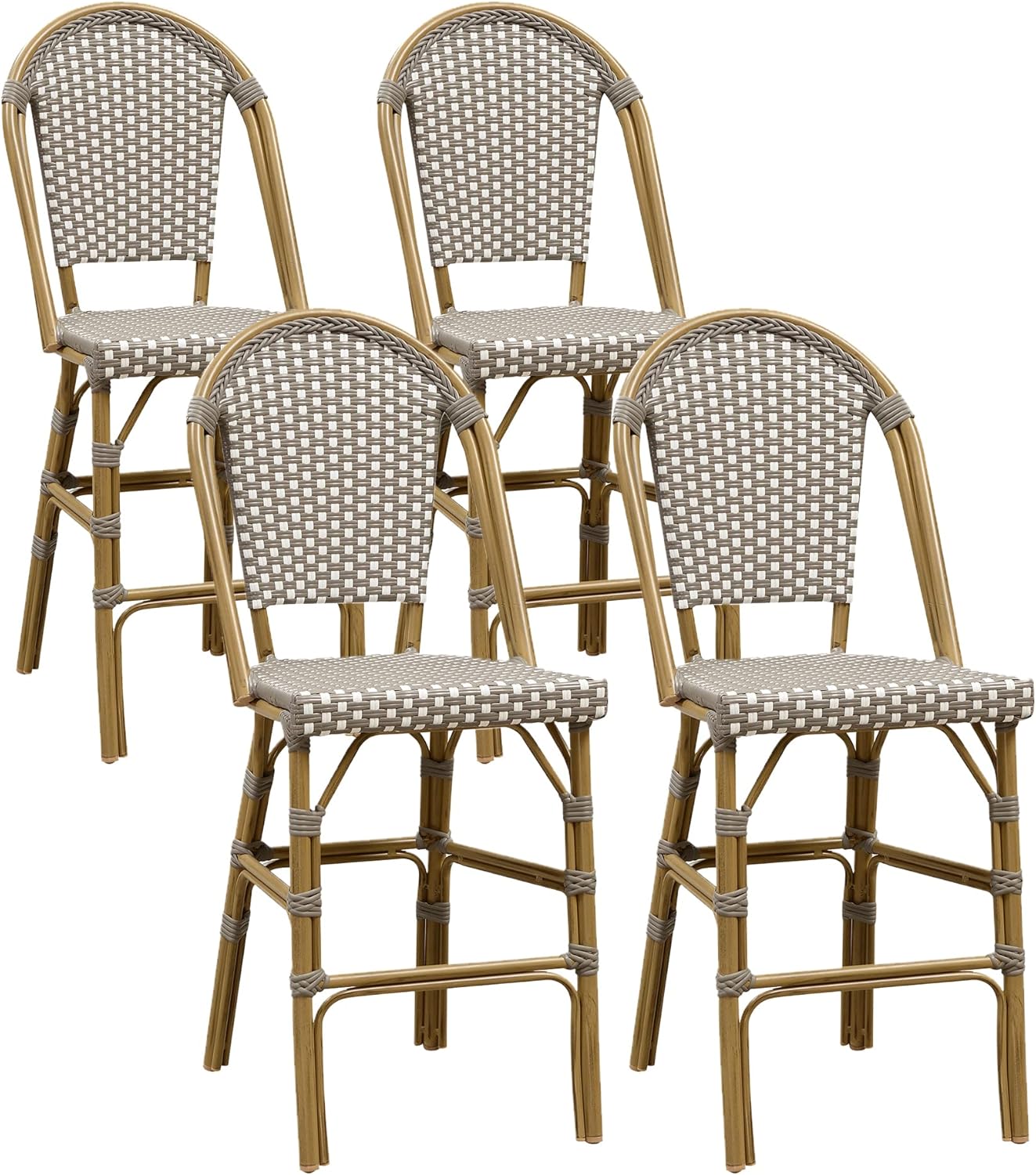 PURPLE LEAF French Counter Height Bar Stool Set of 4 25" Bamboo Print Finish Patio Bar Chairs with Back Rattan Bar Chairs French Bistro Set for Kitchen Outdoor Counter Stool Grey
