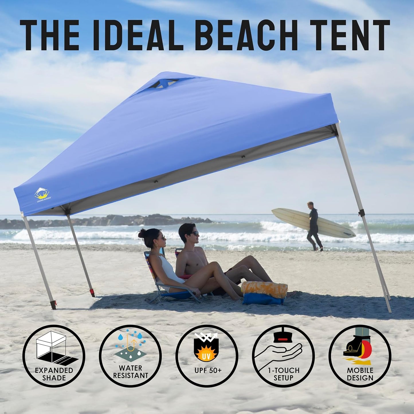 Crown Shades 10x10 Pop Up Canopy - Beach Tent with One Push Setup - Outdoor Sun Shade for Events, Parties, Camping - STO-N-Go Cover Bag, Silver Coated Top, 3 Height& 4 Sand Bags, Sky Blue Stripes