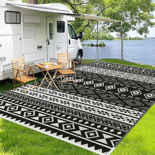 WILDROOTS 8x10 Feet Black and White Plastic Outdoor Rug, Stain Resistant Waterproof Reversible Outdoor Patio Rug, Fade Resistant Camping Rug