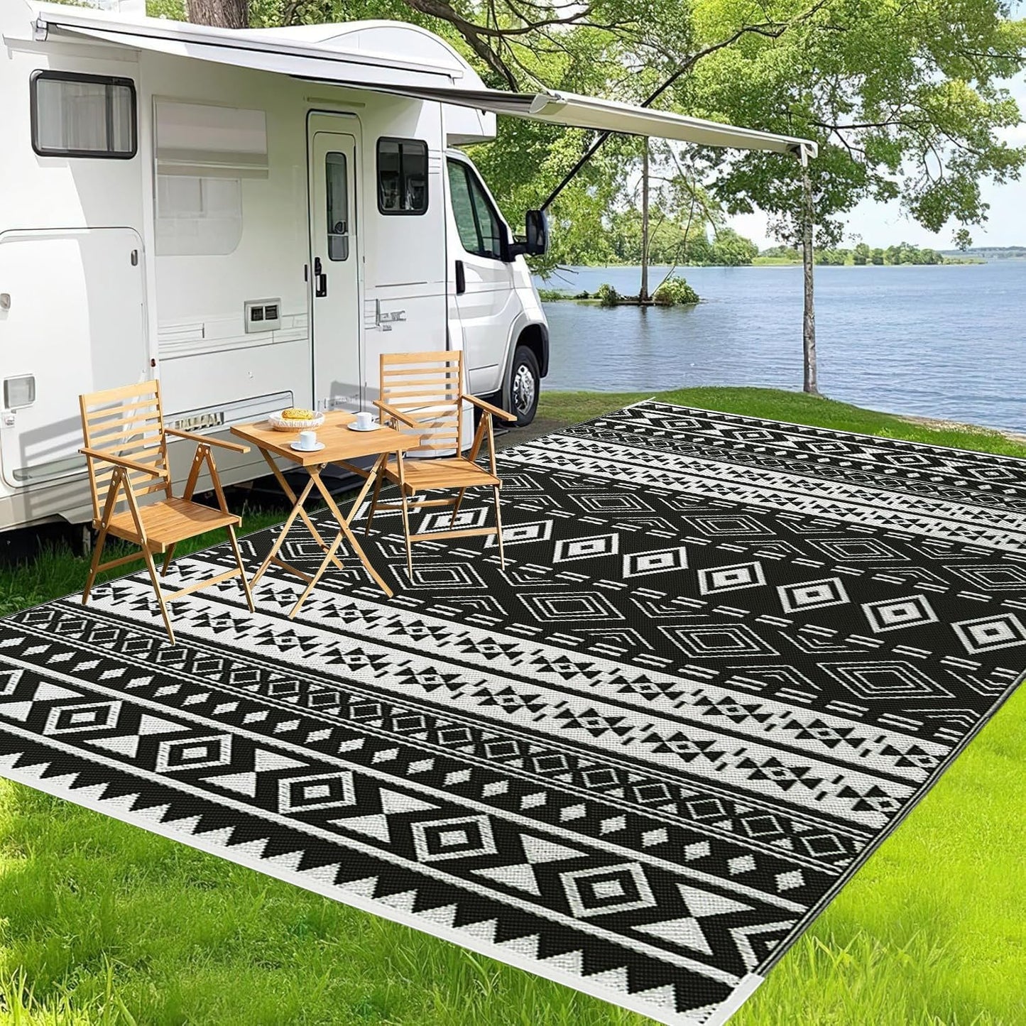 WILDROOTS 9x12 Feet Black and White Plastic Outdoor Rug, Stain Resistant Waterproof Reversible Outdoor Patio Rug, Fade Resistant Camping Rug