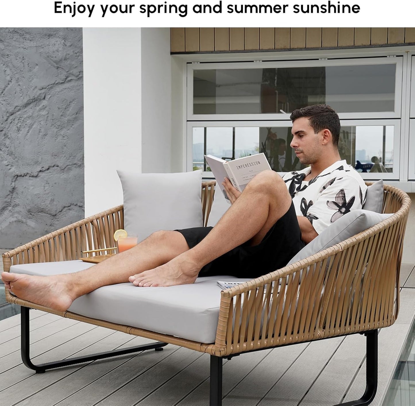 homary Rattan Patio Outdoor Daybed, Rattan Day Bed with Cushion Pillow & Aluminum Frame Sunbed Sofa Set Patio Loveseat,Gray