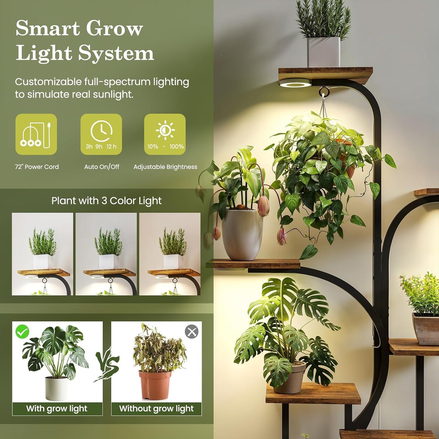 Apicizon 8-Tier Plant Stand Indoor with LED Grow Lights - Sturdy Shelf for Plants, Flowers & Succulents | 62'' Tall Flower Holder & Dimmable Lights | Modern