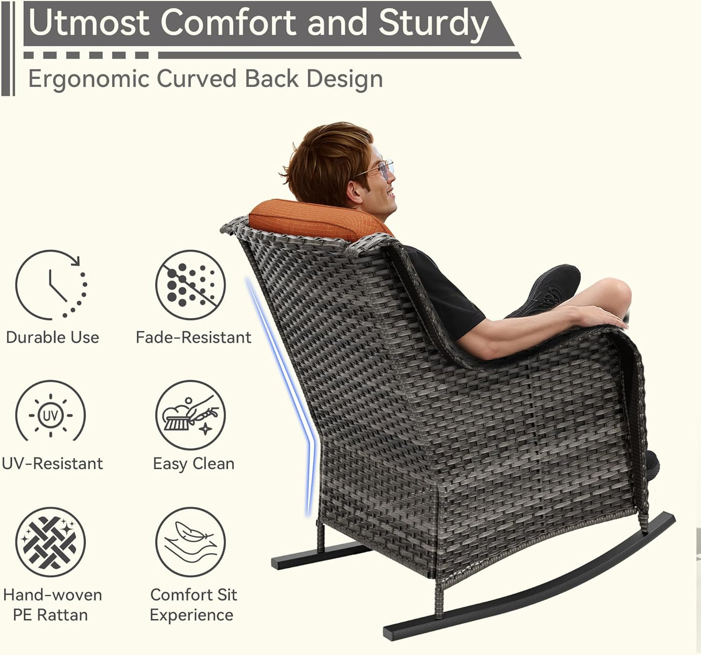 Outdoor Rocking Chair of 2, Wicker Patio Rocker Chair for Yard, Porch, Mixed Brown Grey Rattan, Orange Cushions