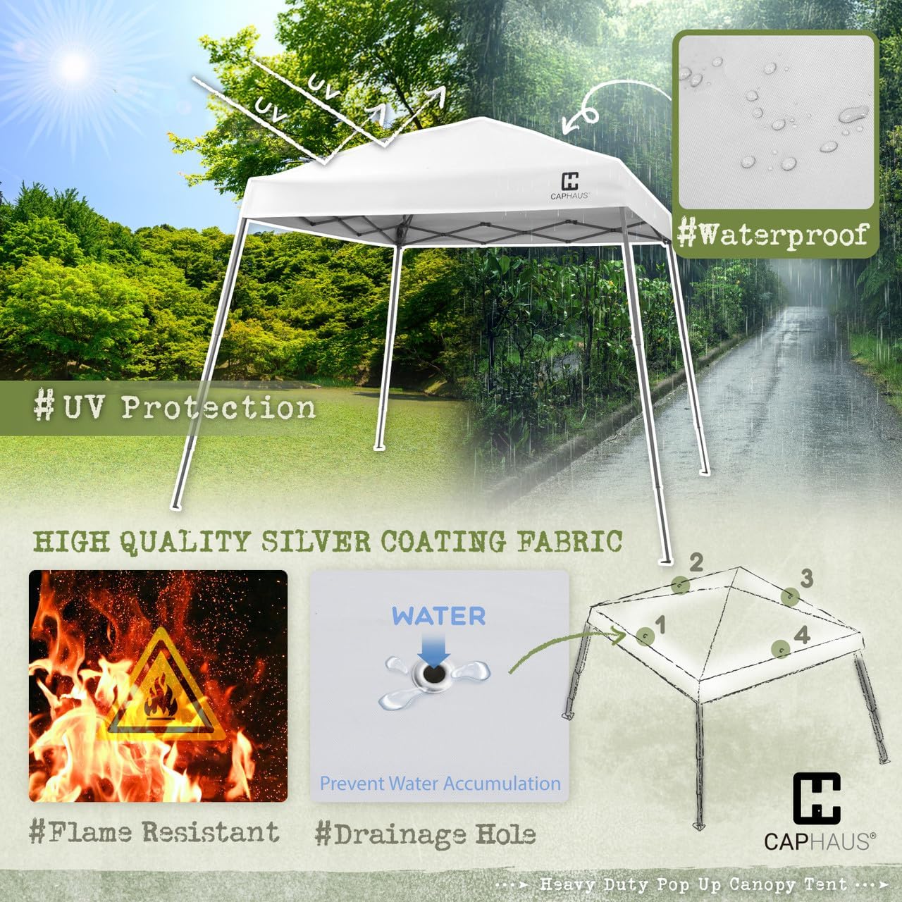 CAPHAUS One-Push Pop Up 8x8 Canopy Tent, Heavy-Duty Commercial Grade with Central Lock, Portable Instant Folding Shelter with10x10 Base, Perfect for Outdoor Beach Canopy, White