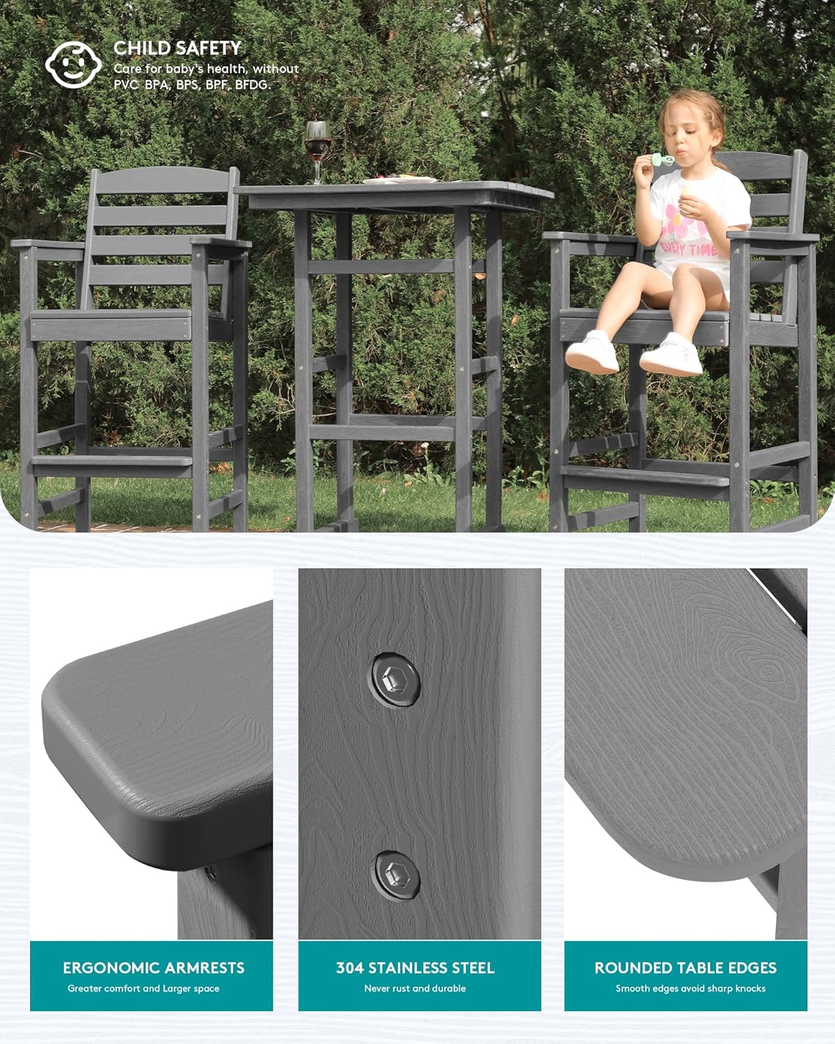 SERWALL 4 Pieces Outdoor Patio Bar Set with 9ft Umbrella, Outdoor HDPE Barstool and Table Furniture Set with Patio Umbrella, Gray