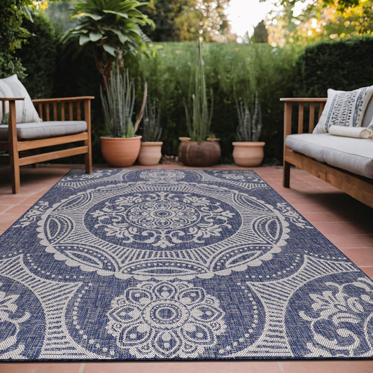 Medallion Outdoor Rug 5x7 Washable Outside Carpet for Indoor Patio Porch Waterproof Easy Cleaning Non Shedding Area Rugs Blue 5 x 7