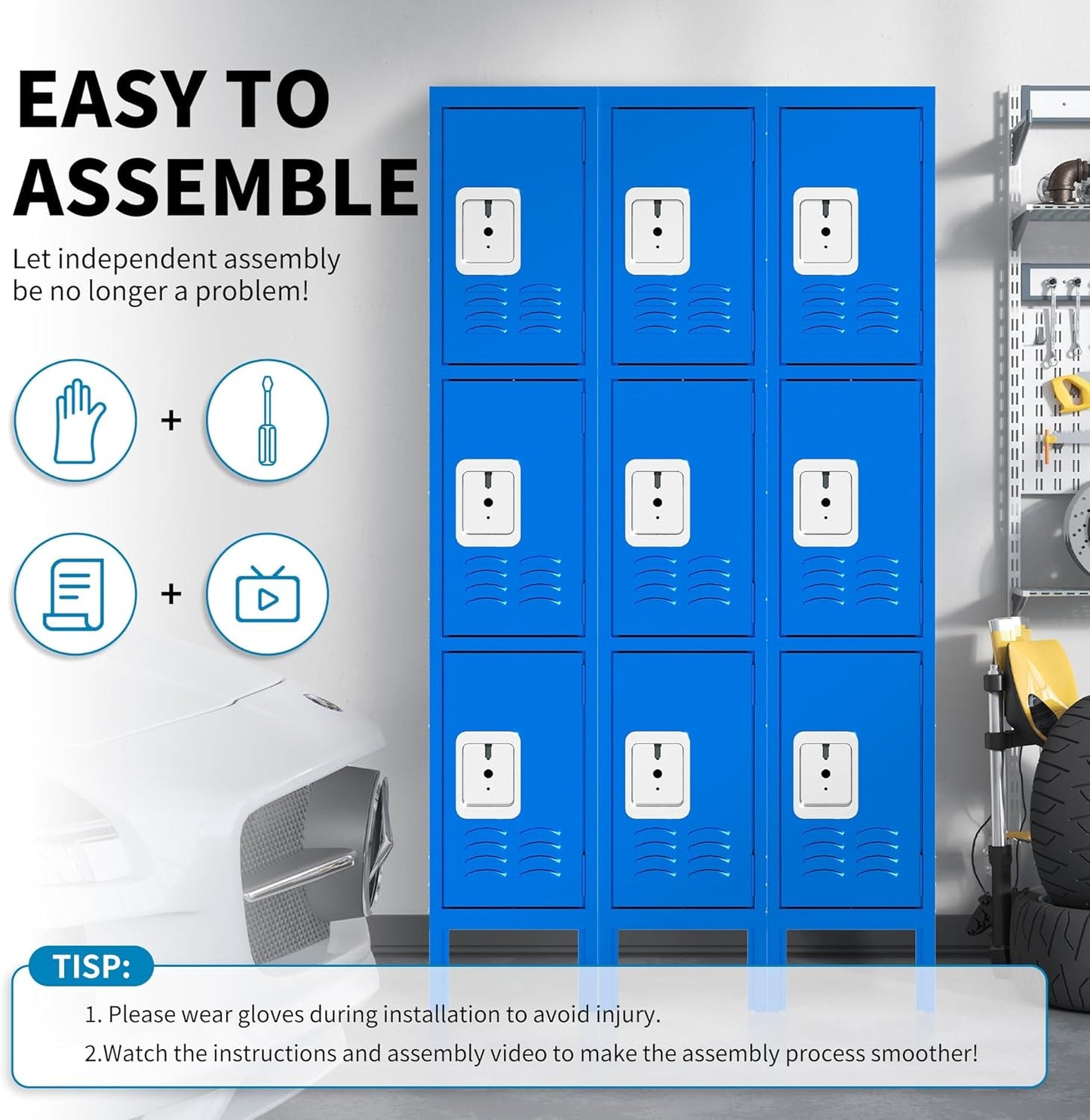 Metal Locker for Employees 66" H Tall Storage Lockers with Lock and Mirror Gym Locker Cabinet with 3 Doors Steel Wardrobe for Office Home School Staff Assembly Required