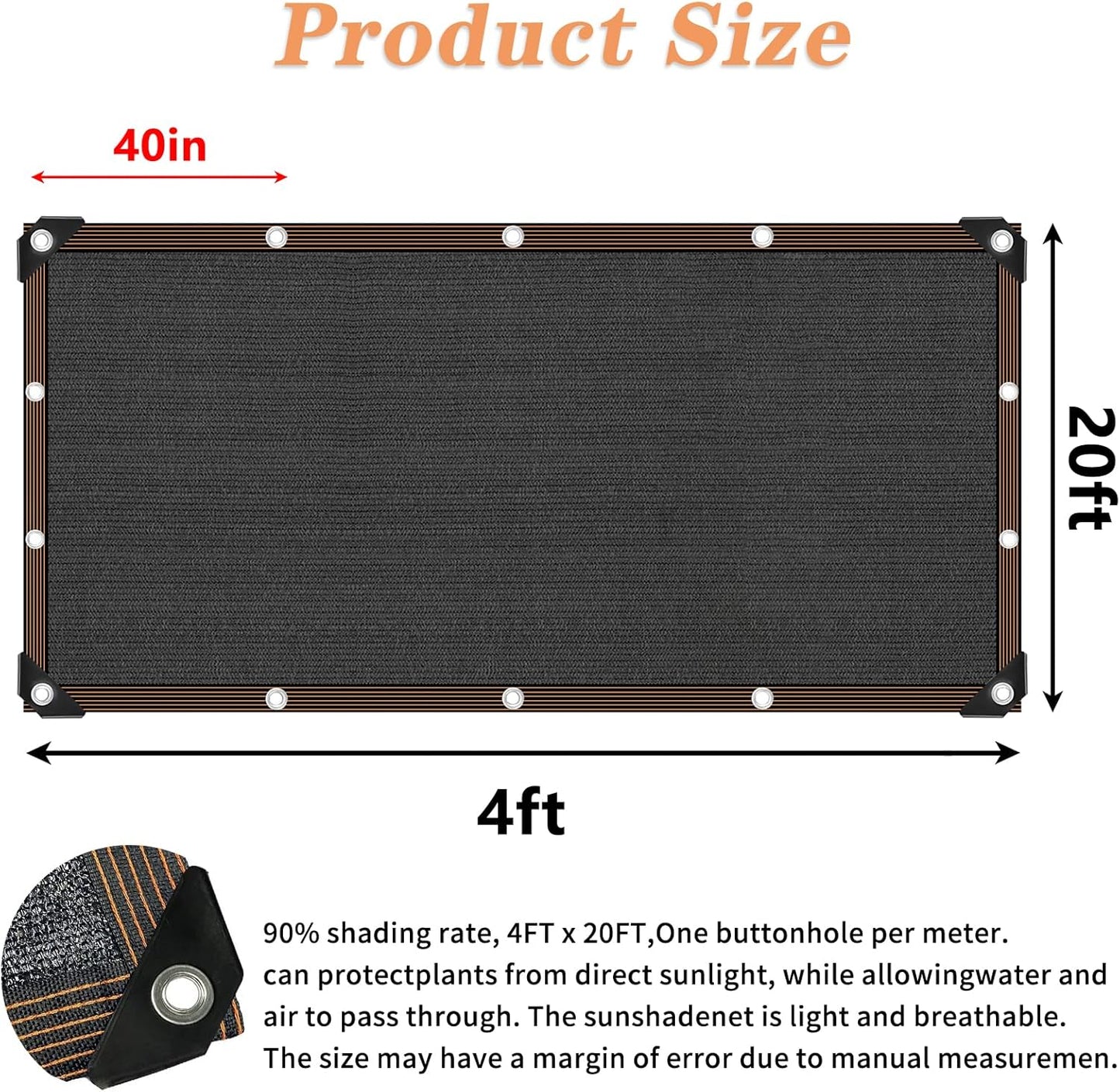 QLOFEI 4x20 FT Shade Cloth with Grommets, 90% Sun Shades Outdoor Patio Mesh Tarp, Easier to Hang Sunblock Neting Cover -for Garden Greenhouse Pergola Lawn Kennel Chicken Coop