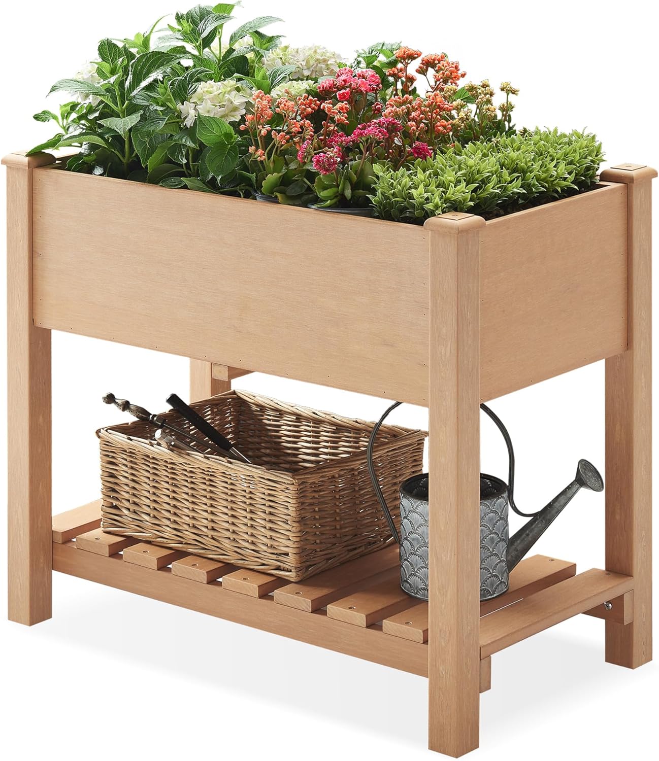 Psilvam Planter Box Raised Garden Bed, Poly Lumber Raised Garden Beds Outdoor with Storage Racks and Tarps, Superior to Cedar Elevated Garden Bed, for Balcony and Porch, 350 lbs Load (Teak Color)