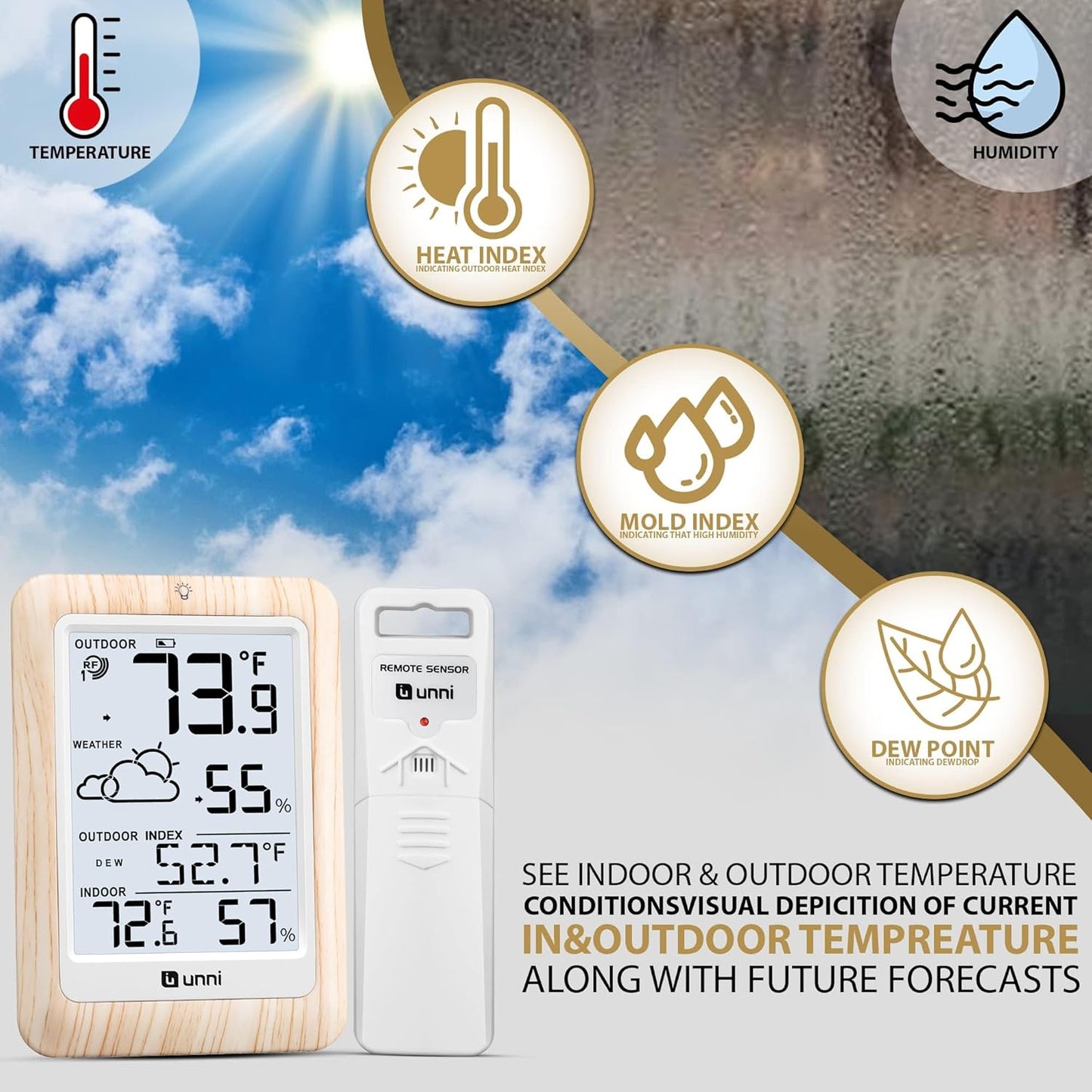 Indoor Outdoor Thermometer Wireless Weather Station, Temperature Humidity Monitor Battery Powered Inside Outside Thermometers with 330ft Range Remote Sensor and Backlight Display（Wood）