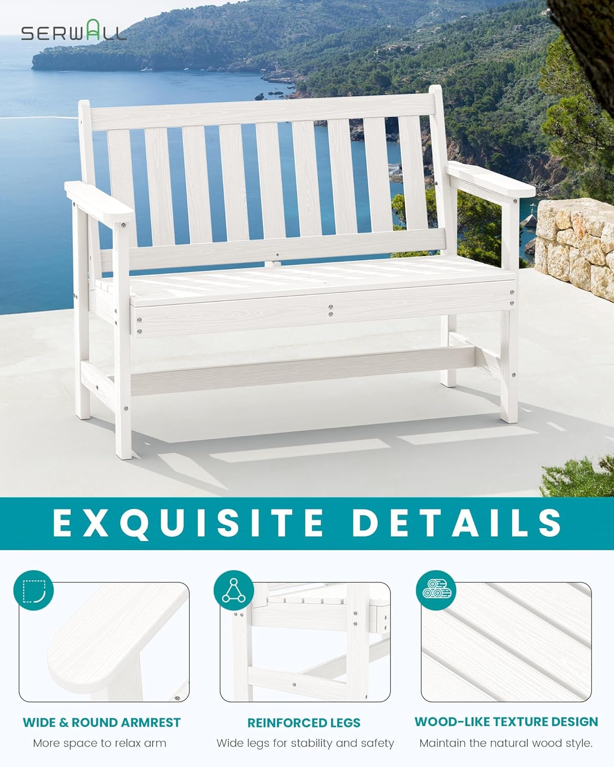 SERWALL Outdoor Bench, HDPE Outdoor Benches Weatherproof, 2-Person Garden Bench with 660 lbs Weight Capacity, Patio Benches for Outdoors, Garden, Porch, Backyard and Park, White, 4 Pack