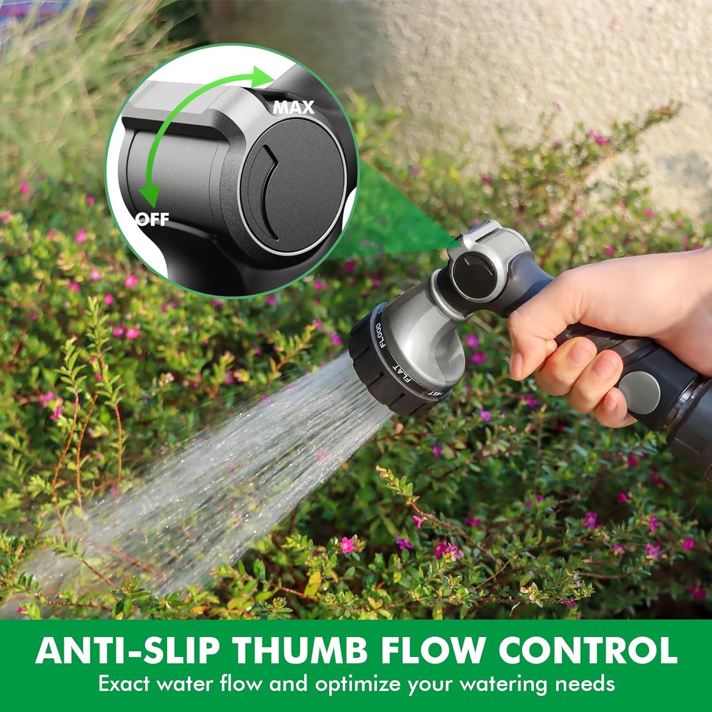 RESTMO Heavy Duty Hose Nozzle, Metal Garden Water Hose Sprayer with 7 Watering Patterns, Thumb Control, On Off Valve, High Pressure Nozzle Sprayer for Watering Plants, Car and Pet Washing, Silver
