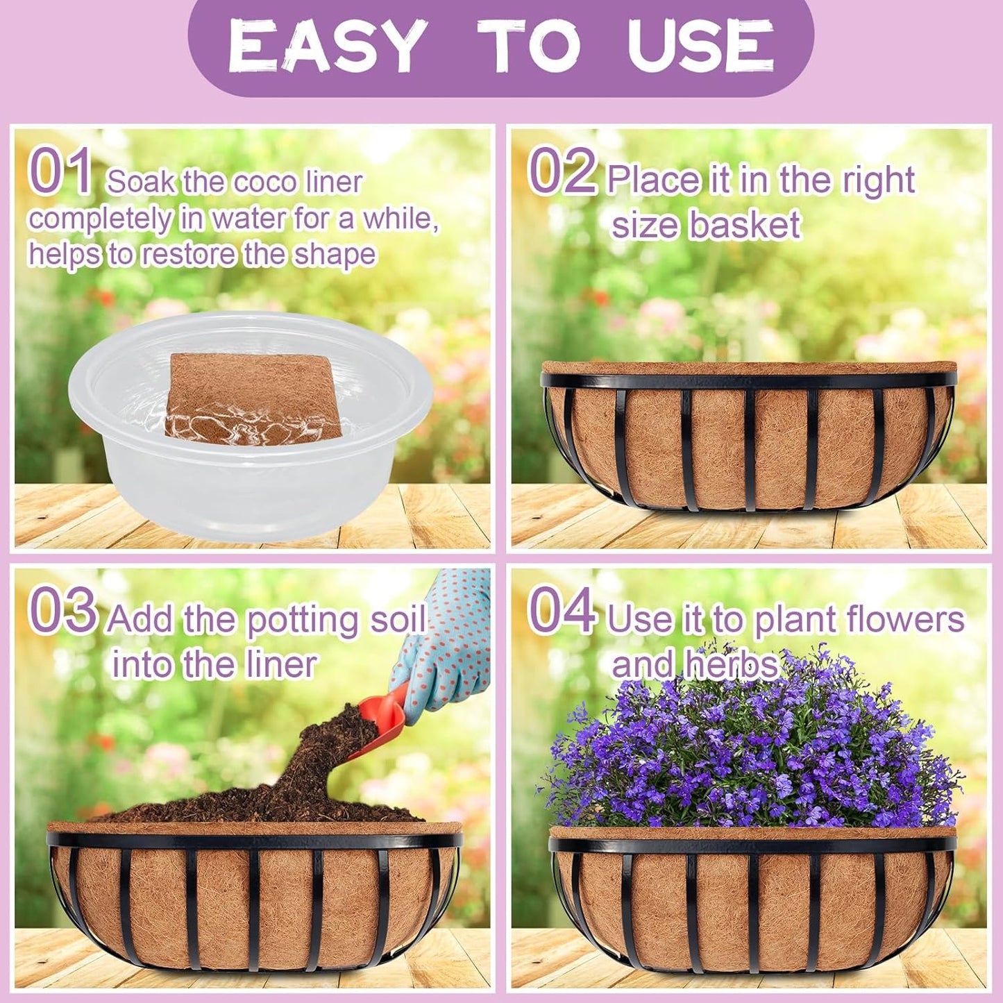 Riare 4 Pack 36 Inch Trough Coir Liners for Planters, Pre-Formed Coconut Coir Replacement Natural Coco Fiber Window Box Liners for Wall Planter, Window Basket Deck Railing Planter