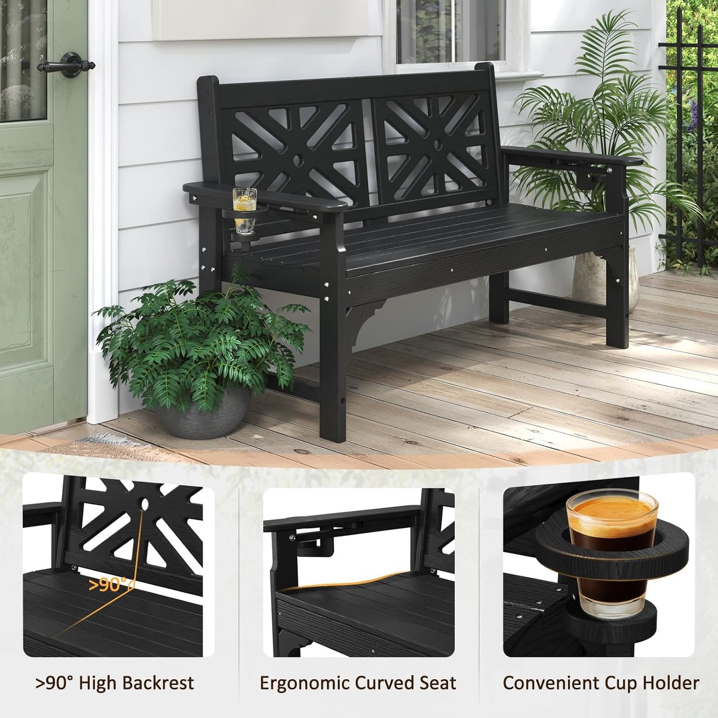 nalone Outdoor Bench with Cup Holders, HDPE All Weather Porch Bench Load up to 800 Lbs, 2-Person Garden Benches Rot-Proof Fade Proof for Patio, Porch, and Park (Black)