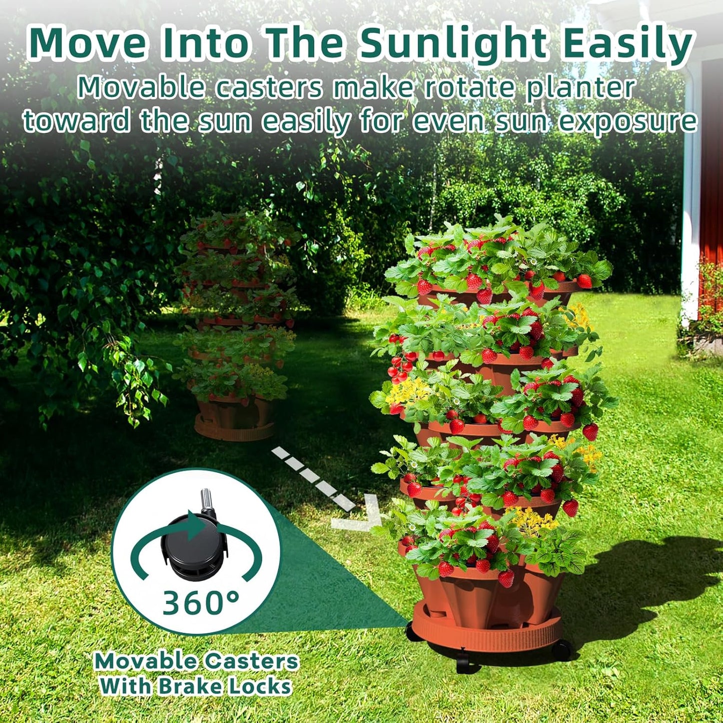 Strawberry Stackable Planter, Vertical Tower Garden, 5 Tiered Stacking Herb Vegetable Planters with Movable Casters and Bottom Saucer Indoor and Outdoor - Terra Cotta