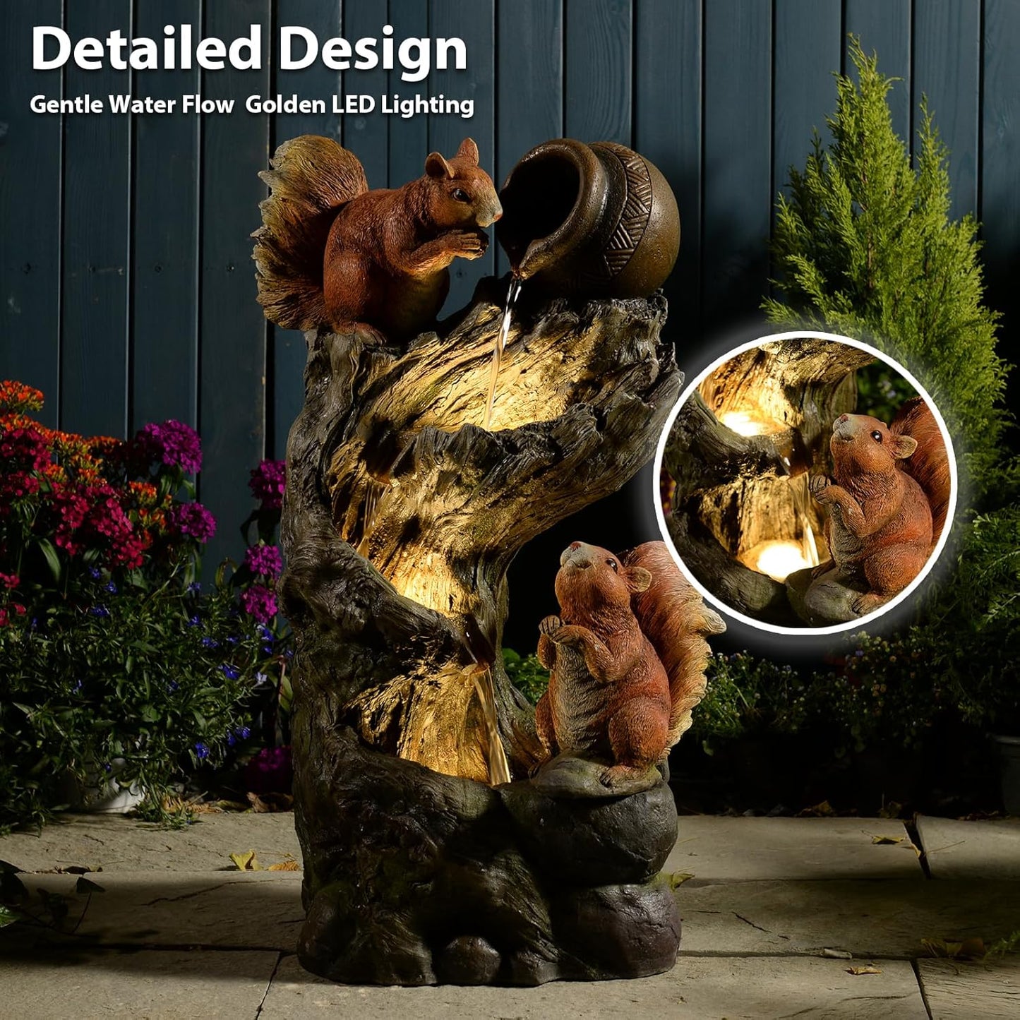 Garden Fountain Outdoor with Built-in Pump & LED Lights - Waterfall Fountain for Patio,Yard, Backyard - Realistic Animal Sculpture
