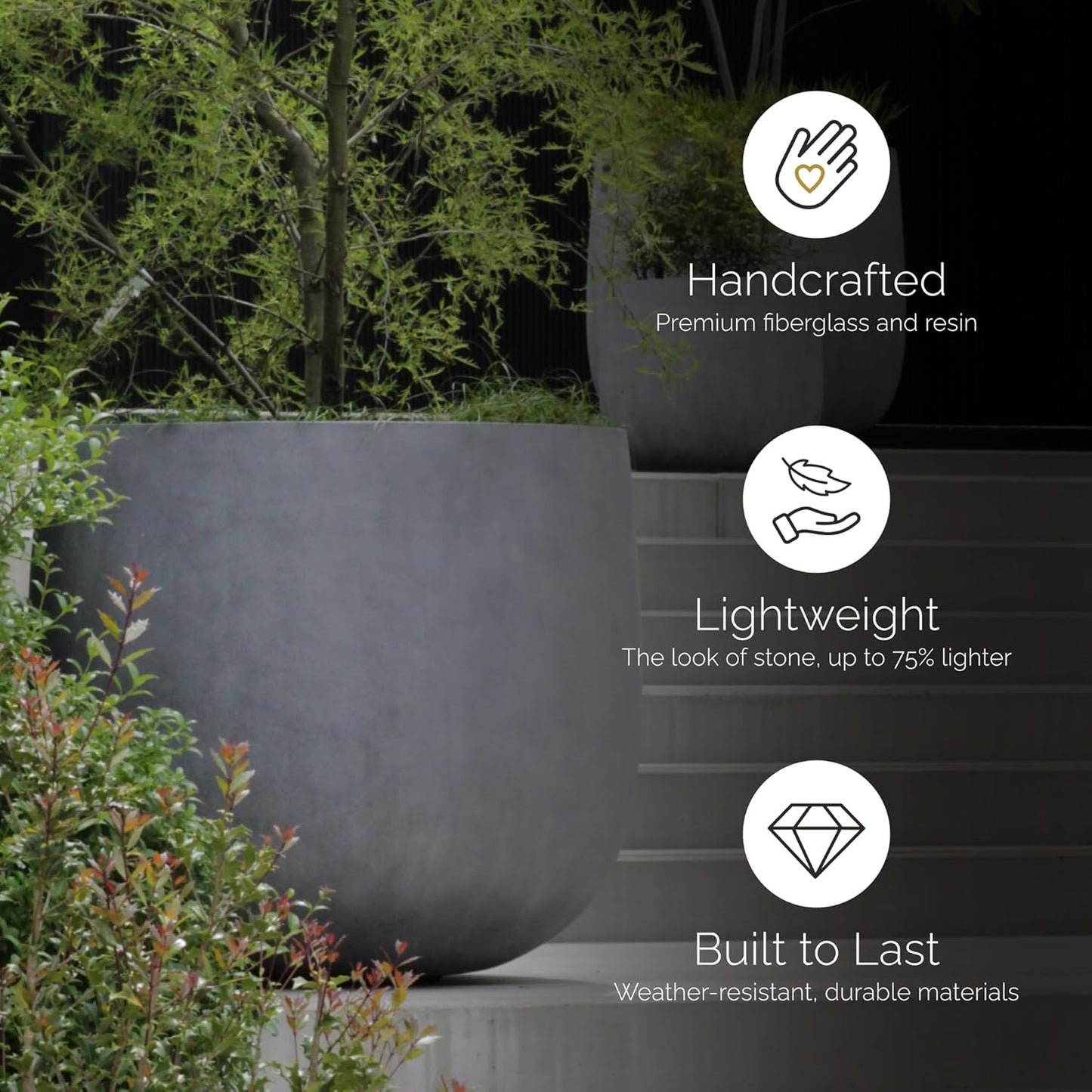 Mondo Large Planter – River Stone Finish – Fiberglass Indoor/Outdoor and Weather-Resistant Round Planter (39.4" D x 39.4" H Exterior, 37.8" D x 39.4" H Interior)