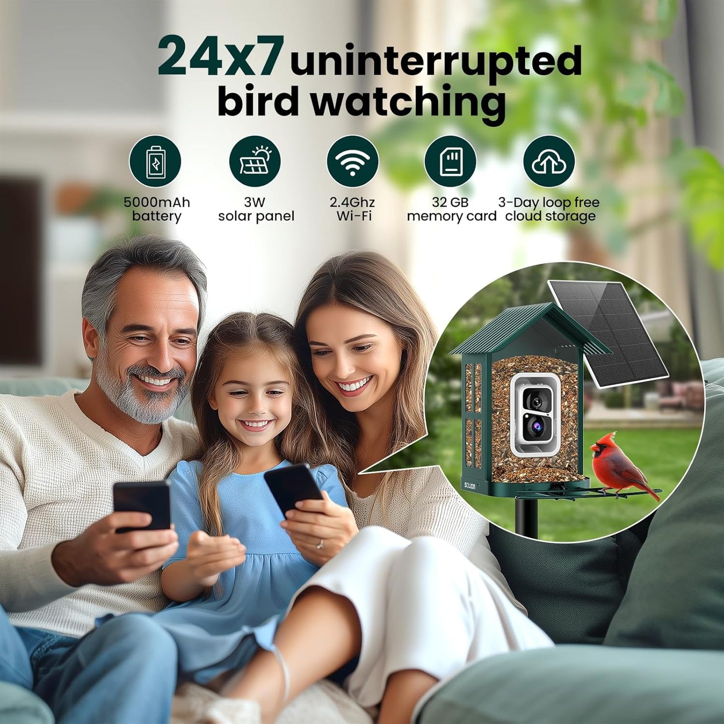 SOLIOM Solar Bird Feeder with Camera for Outdoors - AI Smart Birdhouse, 2K Live View & Instant Alerts, Squirrel Proof - Perfect Bird Watching Gift (Green)