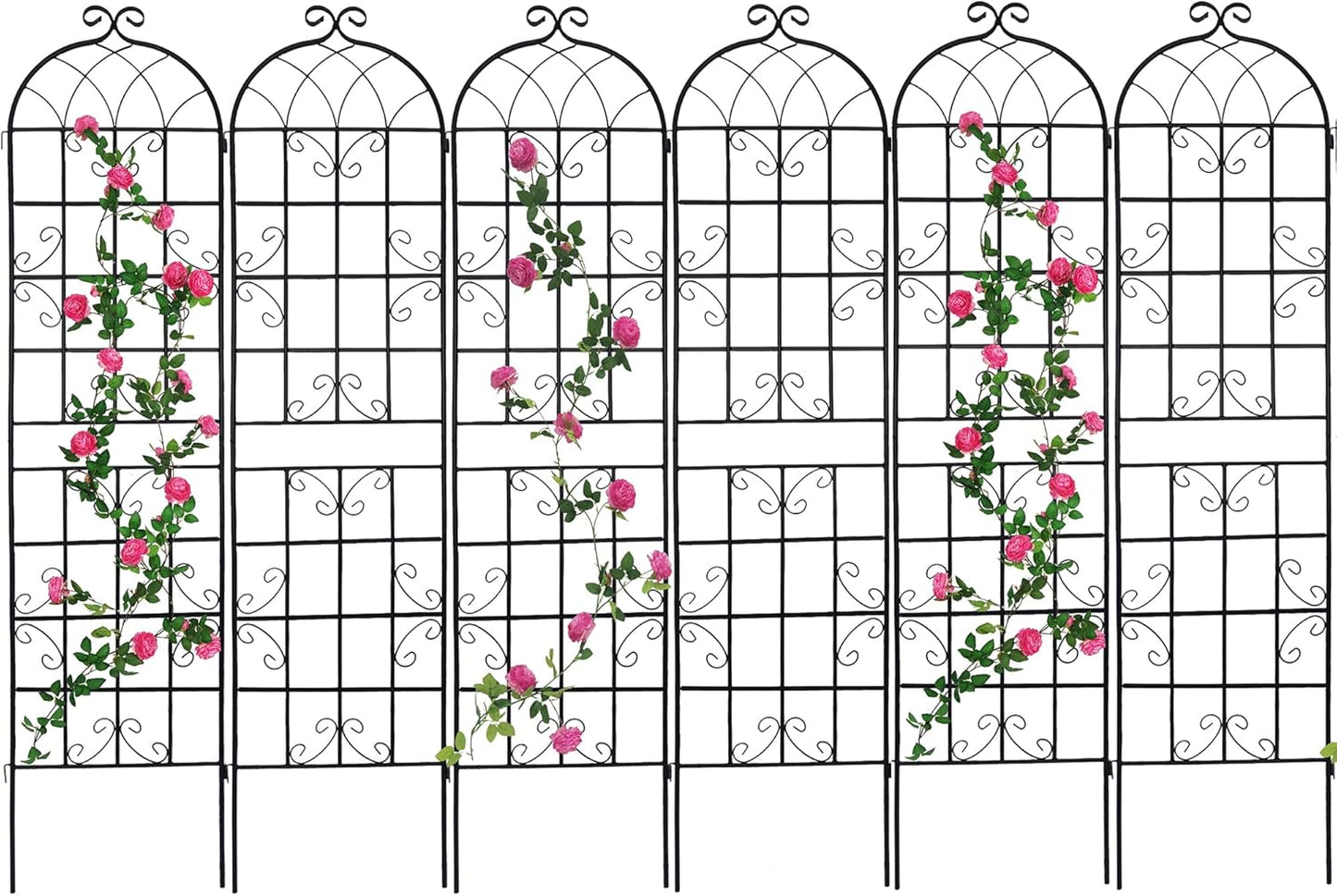 6 Pack Metal Garden Trellis 86.7" H Garden Fence Rustproof Trellis for Climbing Plants Support Roses Flower Outdoor Lawn, Black 7.2FT Tall