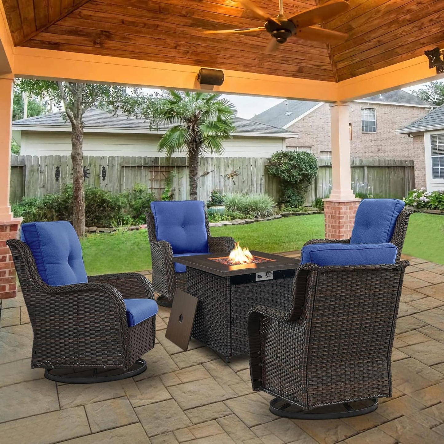 5 Pieces Patio Wicker Furniture Set - 4 Outdoor Swivel Rocker Glider Chairs with 50000BTU Propane Fire Pit Table, Warm Patio Conversation Set Blue Cushion Perfect for Casual Gathering