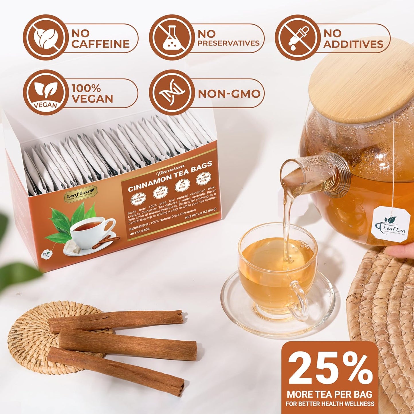LeafLea 40 Cinnamon Tea Bags, 100% Natural Ground Cinnamon Stick Herbal Tea, Spiced and Warming Flavor for Relaxation, Caffeine-Free, Sugar-Free, Non-GMO, Vegan