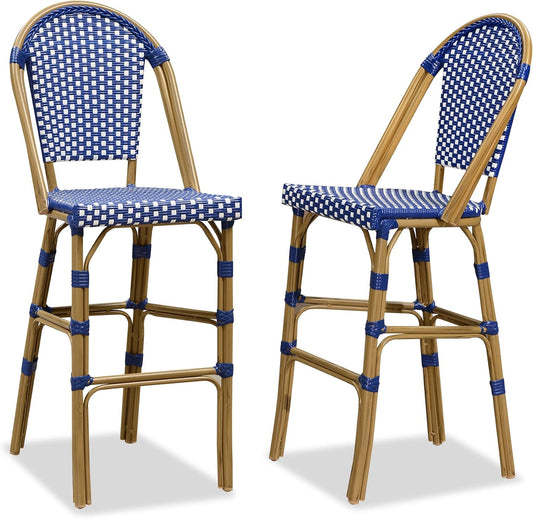 PURPLE LEAF French Bar Stool Set of 2 Bamboo Print Finish Patio Bar Stools with Back Rattan Chairs Wicker Bar Height Stool 30" with Footrest Kitchen Island Stools Outdoor Barstool Royal Blue