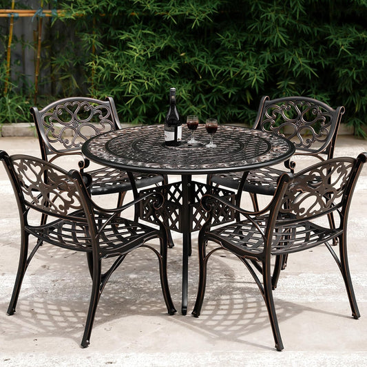 5 Piece Outdoor Patio Dining Set, All-Weather Cast Aluminum Table and Chairs Set of 4, Bistro Set Outdoor with Umbrella Hole for Garden, Porch