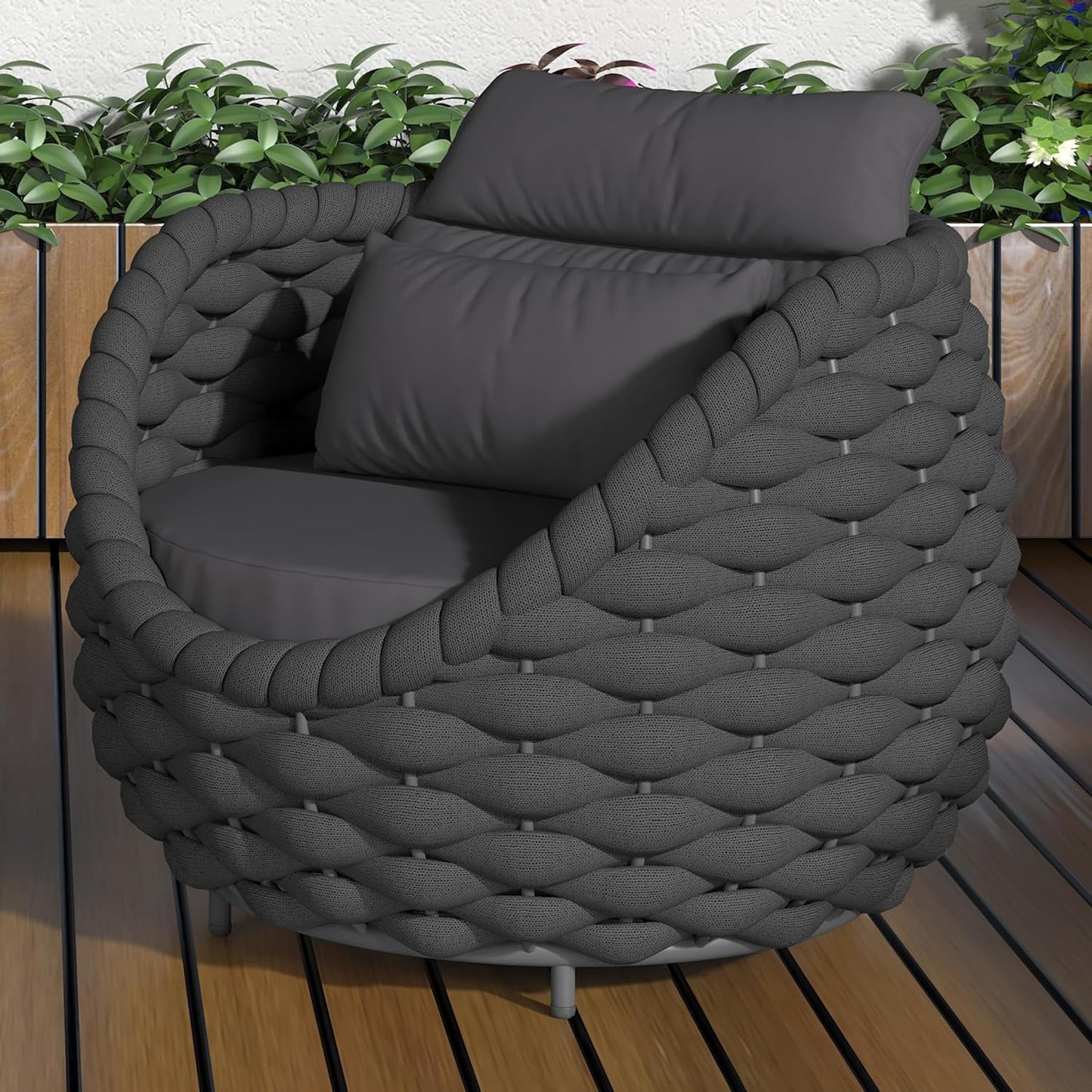 TWT Outdoor All-Weather Polyester Rope Balcony Couch with Cushions & Pillows, Perfect for Patio, Balcony, Backyard, Deck, Poolside, Dark Grey
